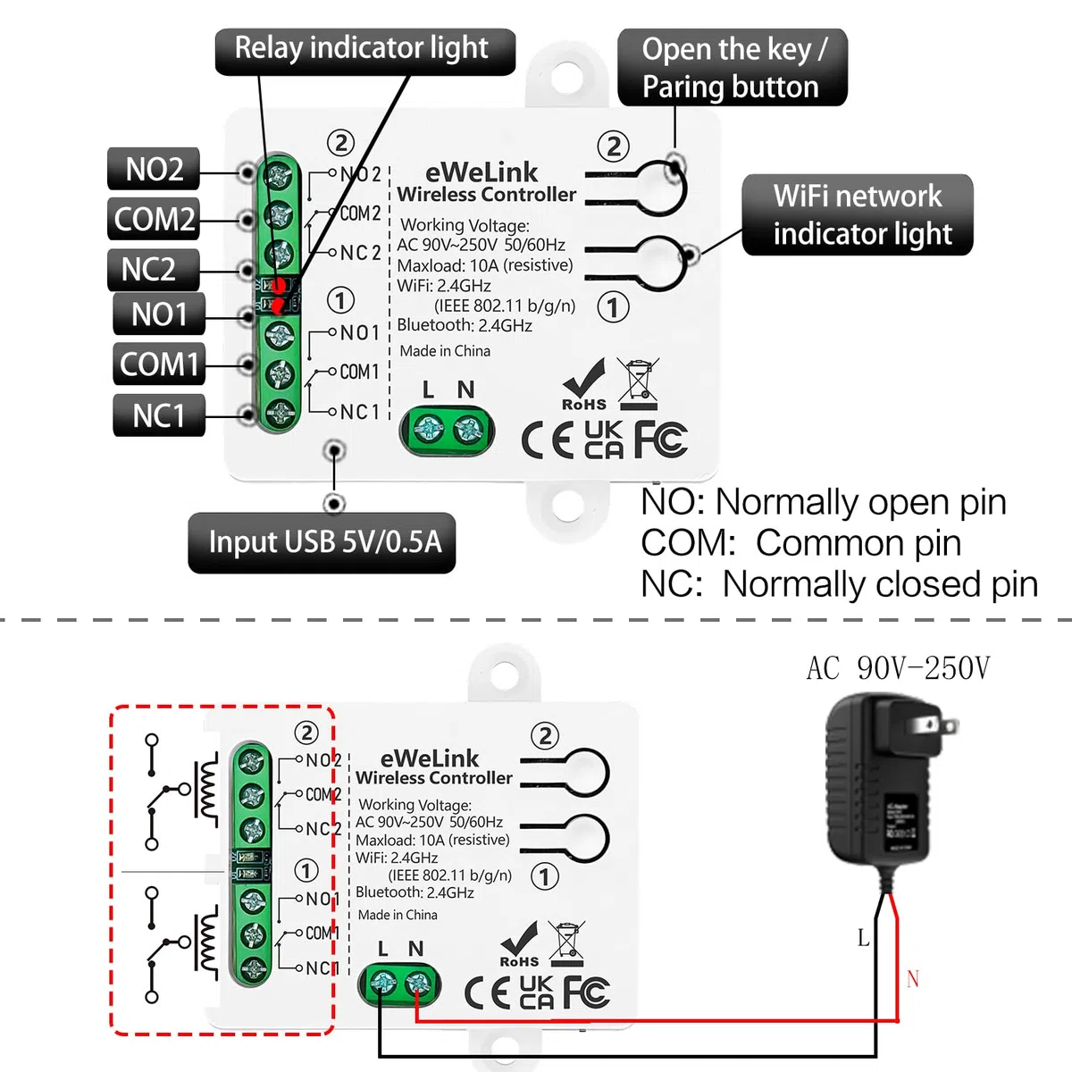DieseRC Interruttore Intelligente Wi-Fi 2 canali Modulo Relè di Uscita Passivo AC 90V-250V 220V Controllo WIFI APP Ewelink compatibile con Alexa/Google Home, interruttore a impulsi/autobloccante