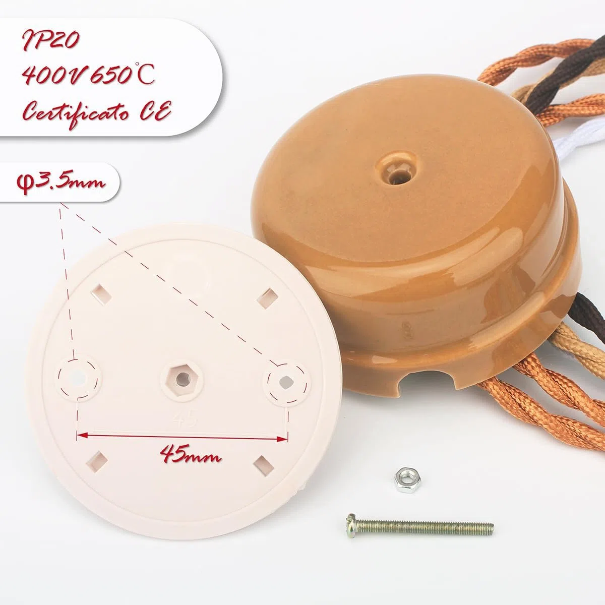 Kit [Scatola di distribuzione in porcellana] + [12 isolatori Porcellana] per Impianti a 4 fori per entrata/uscita del cavo. Copri cavi e copri fili in ceramica, Bronzo lucido, Ø 78mm Prof.35mm