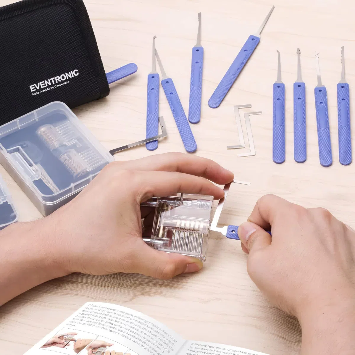 Eventronic Set Grimaldelli da 17 Pezzi, [2024 Regalo per i Principianti] Set di Grimaldelli Professionali con 2 Trasparente Serratura Lucchetto, Lockpicking Istruzioni per Principianti