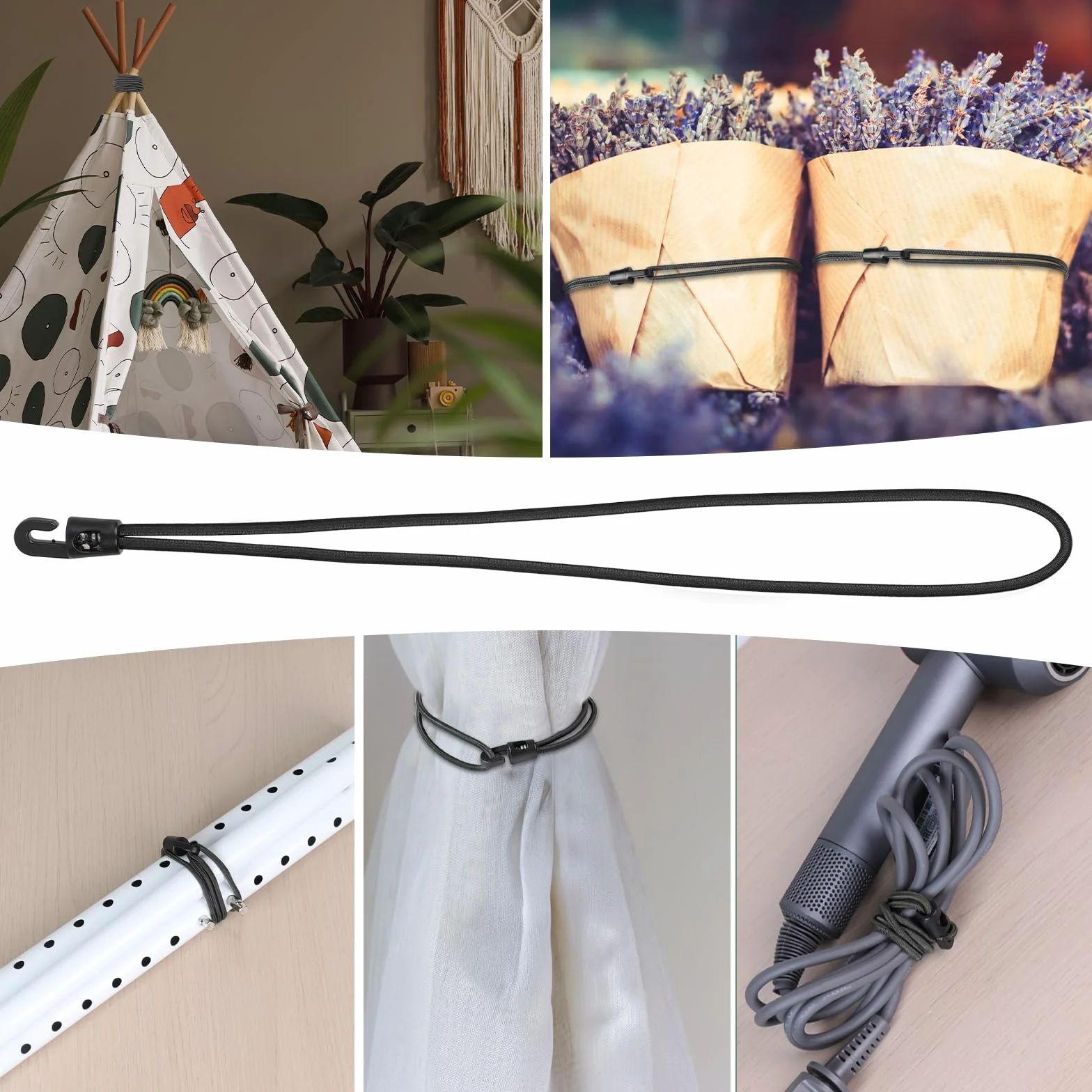 LALAGO 20 Pezzi Gomma per Tendere + Clip + Espansore 35cm Nero