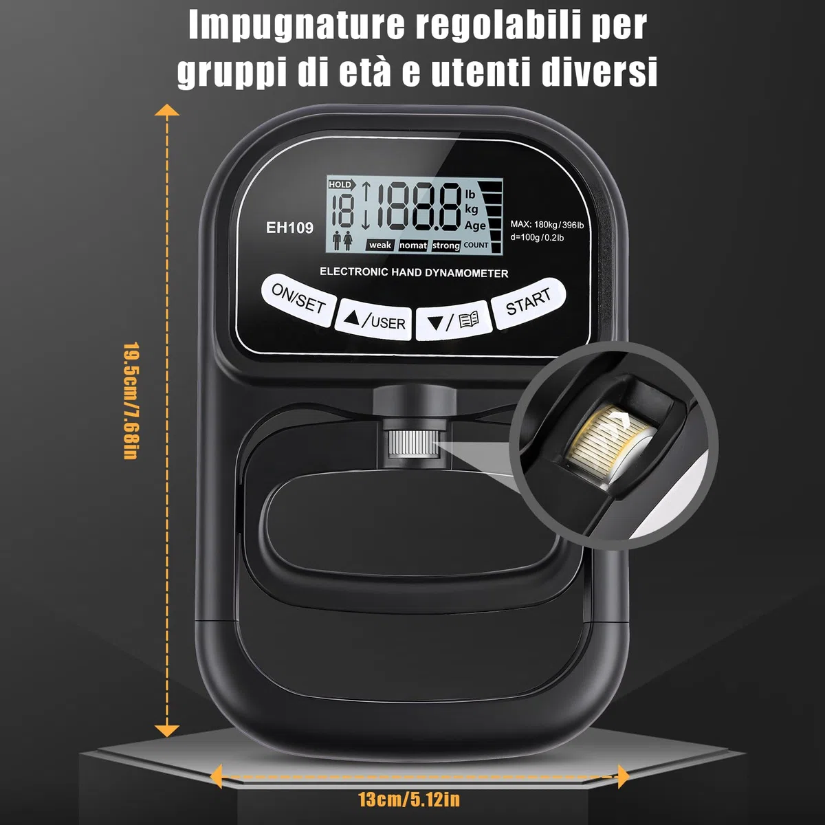 Dinamometro Digitale Portatile per Misurazione della Forza di Presa, Misuratore Elettronico di Forza con Acquisizione Automatica, Strumento di Precisione per Test di Resistenza(180KG)