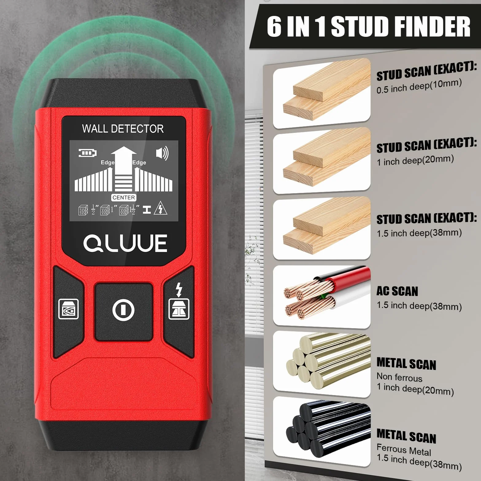 Rilevatore di perni, scanner da parete 5 in 1, sensore elettronico, scanner da parete, rilevatore di tubi metallici, display LCD con batteria, per rilevare legno, metallo e cavi nella parete