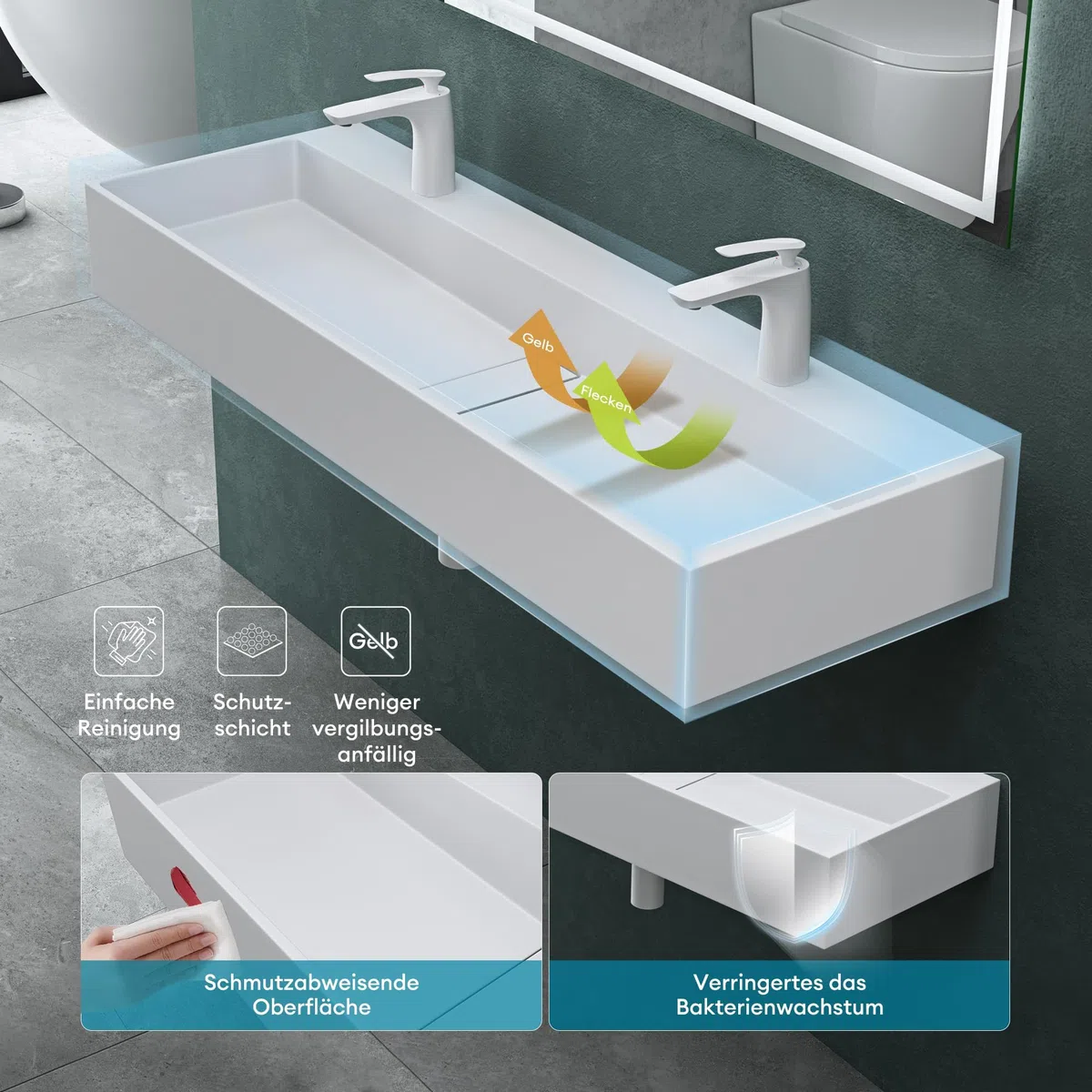 Mai & Mai Lavabo da Appoggio 120x40x12cm, Lavabo Bagno Sospeso Lavandino Bagno Colossum6028 da Marmo Fuso, due Fori per la Rubinetteria, Bianco opaco