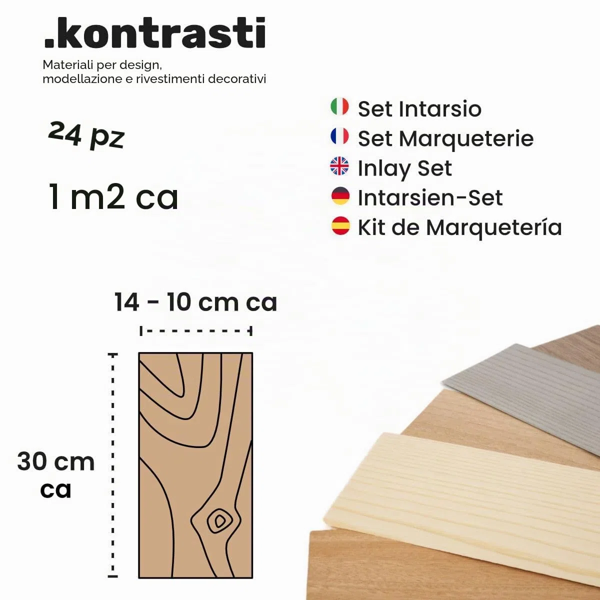 Kontrasti Set Impiallacciatura per Intarsio - 12 Tipi di Legno x 24 Fogli, Pronto per Fai Da Te, Progettazione, Modellismo, Restauro