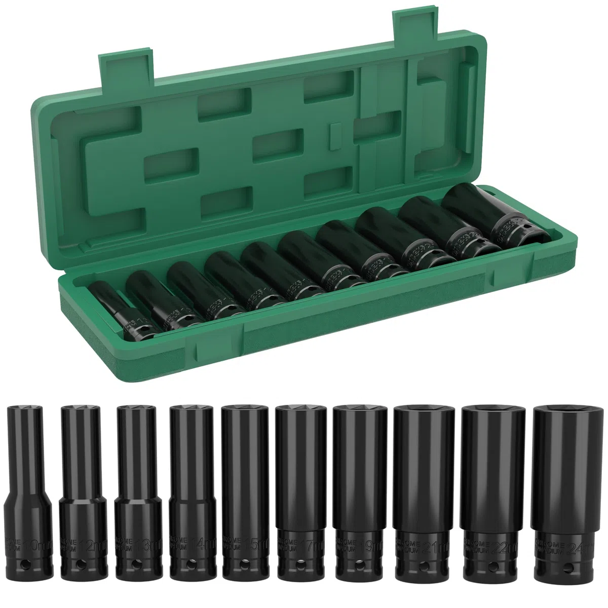 10 Pezzi Chiavi a Bussola Lunghe 1/2, Set Bussole 1/2", 10-24mm Bussole a Impulsi con Custodia in Plastica, para Riparazioni Auto Cambio Gomme