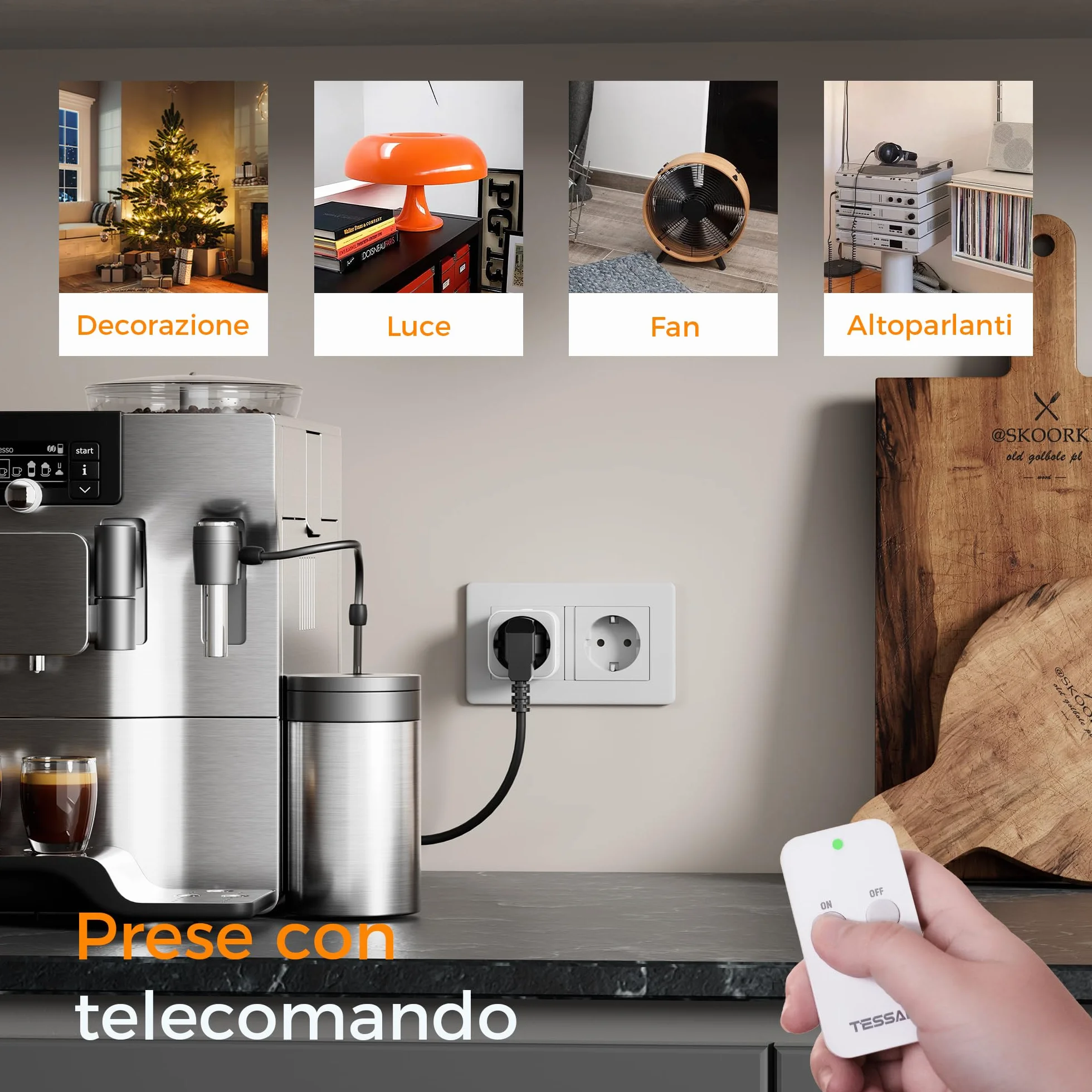 TESSAN Presa Telecomandata, Distanza Telecomando 30,5 M, Presa per Decorazioni Natalizie, Elettrodomestici e Lampade, 2300 W, Bianca