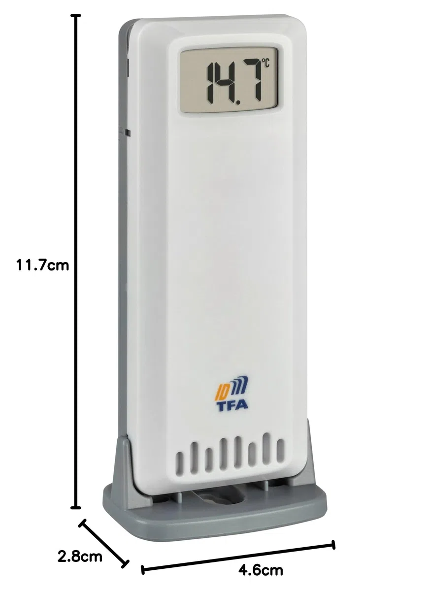 TFA Dostmann TFA-ID trasmettitore aggiuntivo ID-A0, 30.3900.02, per temperatura e umidità, per stazioni TFA.me, per controllo climatico, da esterno o interno, portata 100 m, 868 MHz, bianco