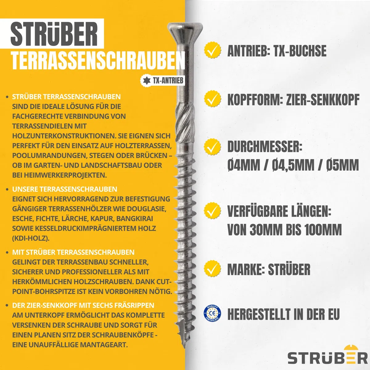 STRÜBER Viti per terrazze con testa svasata decorativa e impronta Torx (5,0 x 60 mm / 200 pezzi/TX-25) - Vite per legno in acciaio inox temprato C2 - inserto S2 TX incluso