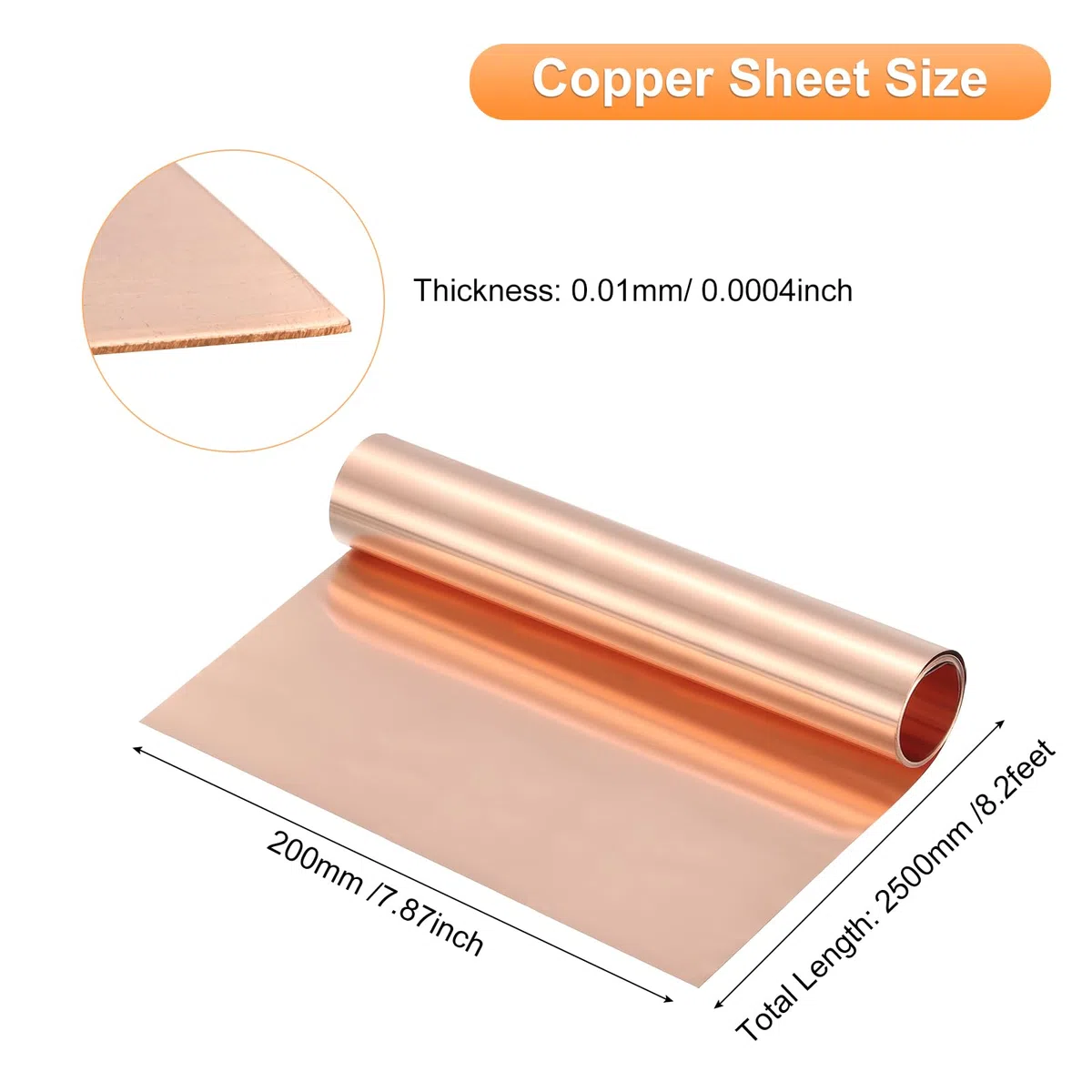 QUARKZMAN Rotolo Di Lamiera Di Rame 2500mm x 200mm x 0.01mm, 8" x 8.2ft 38 Gauge Lamierino Di Rame Puro Al 99.9% Per Progetti DIY Elettrici (Multiple Dimensioni)