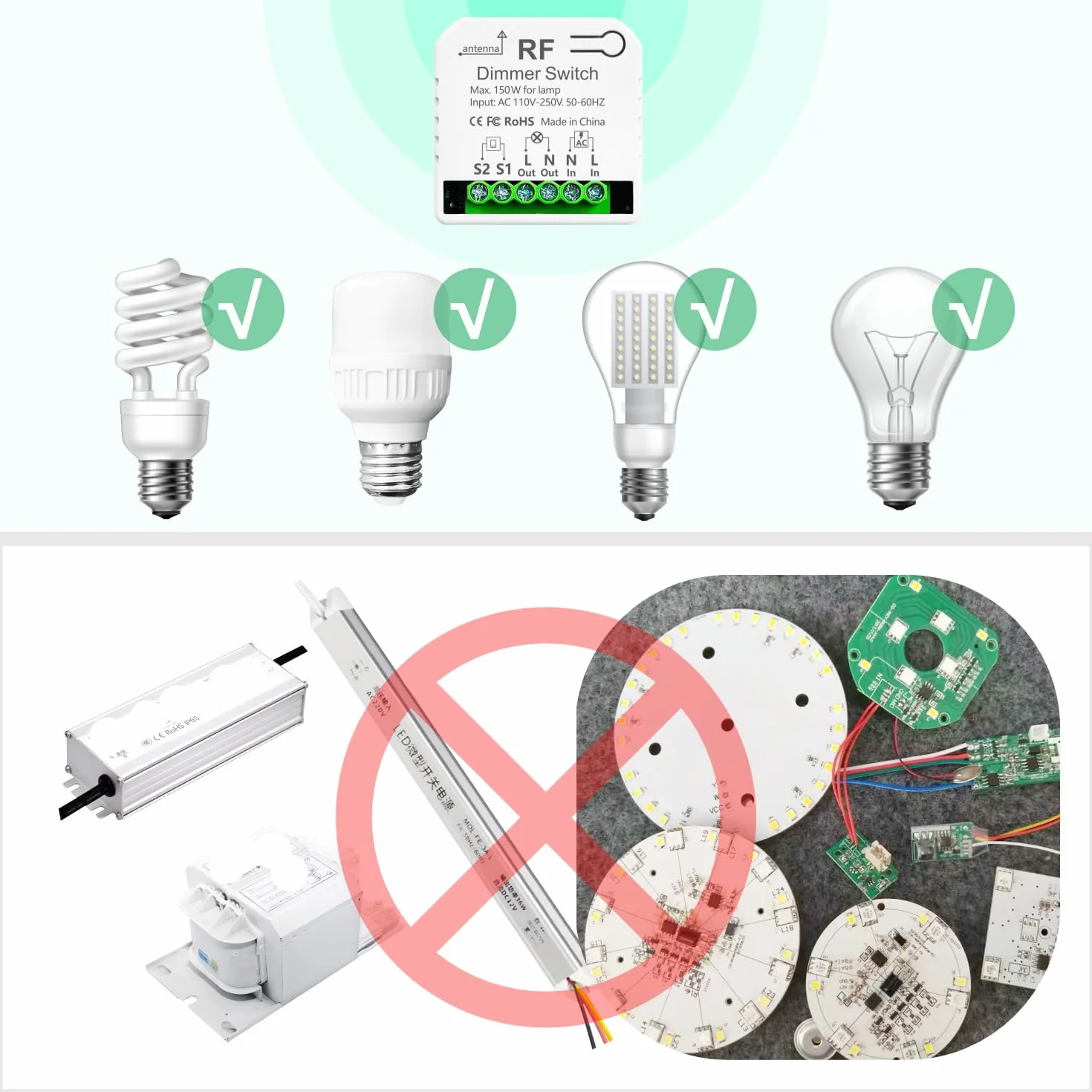 Dimmer Interruttore Luce Senza Fili Con Telecomando, Tedeligo AC220V Controllo Interruttore Dimmerabile Per LED E Alogene, Dimmerabile 10W-150W, Compatibile Con Dimmer Da Pannello A Parete(No Wi-Fi)