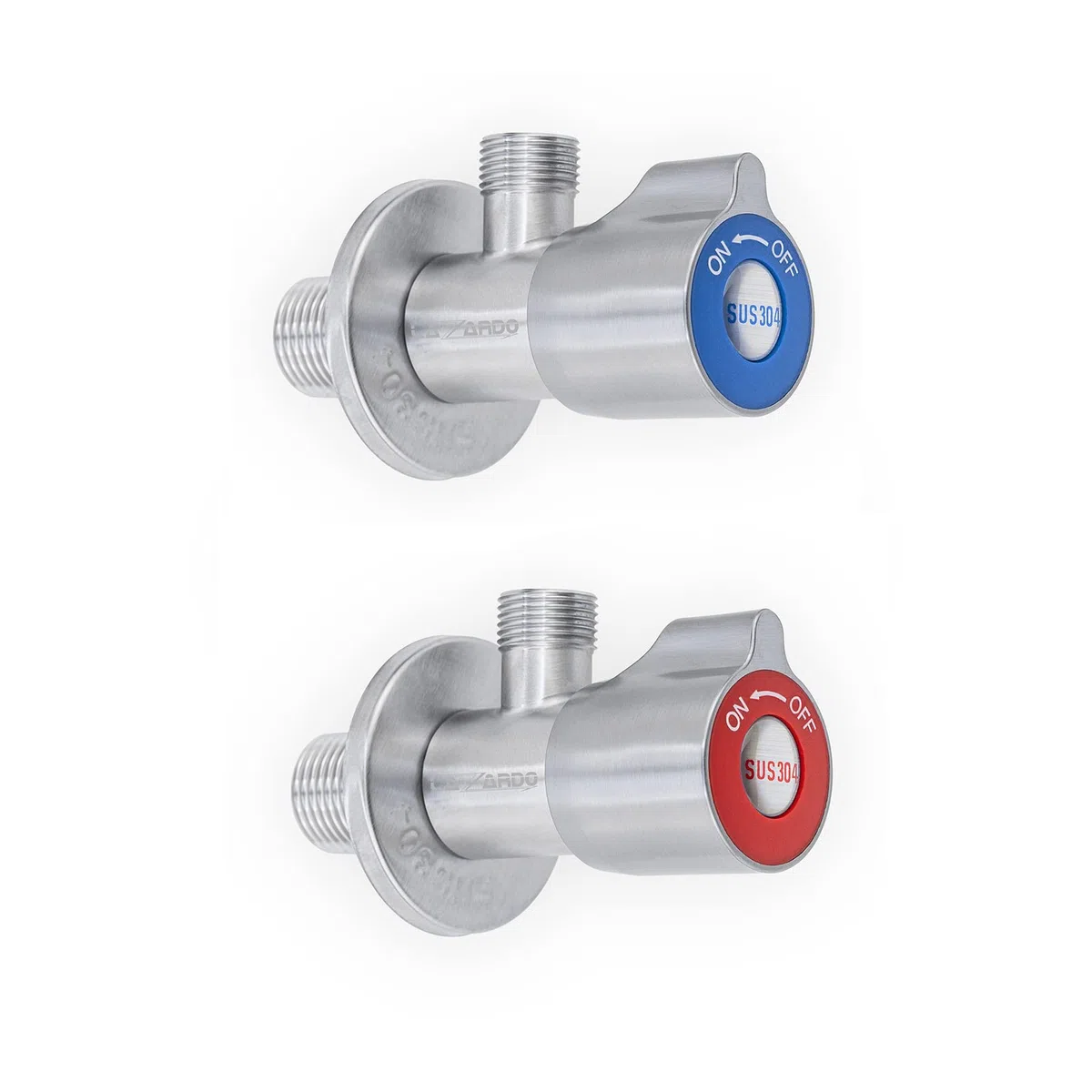 Set di 2 rubinetti angolari in acciaio inox per display rosso blu uscita 3/8" attacco a parete 1/2"