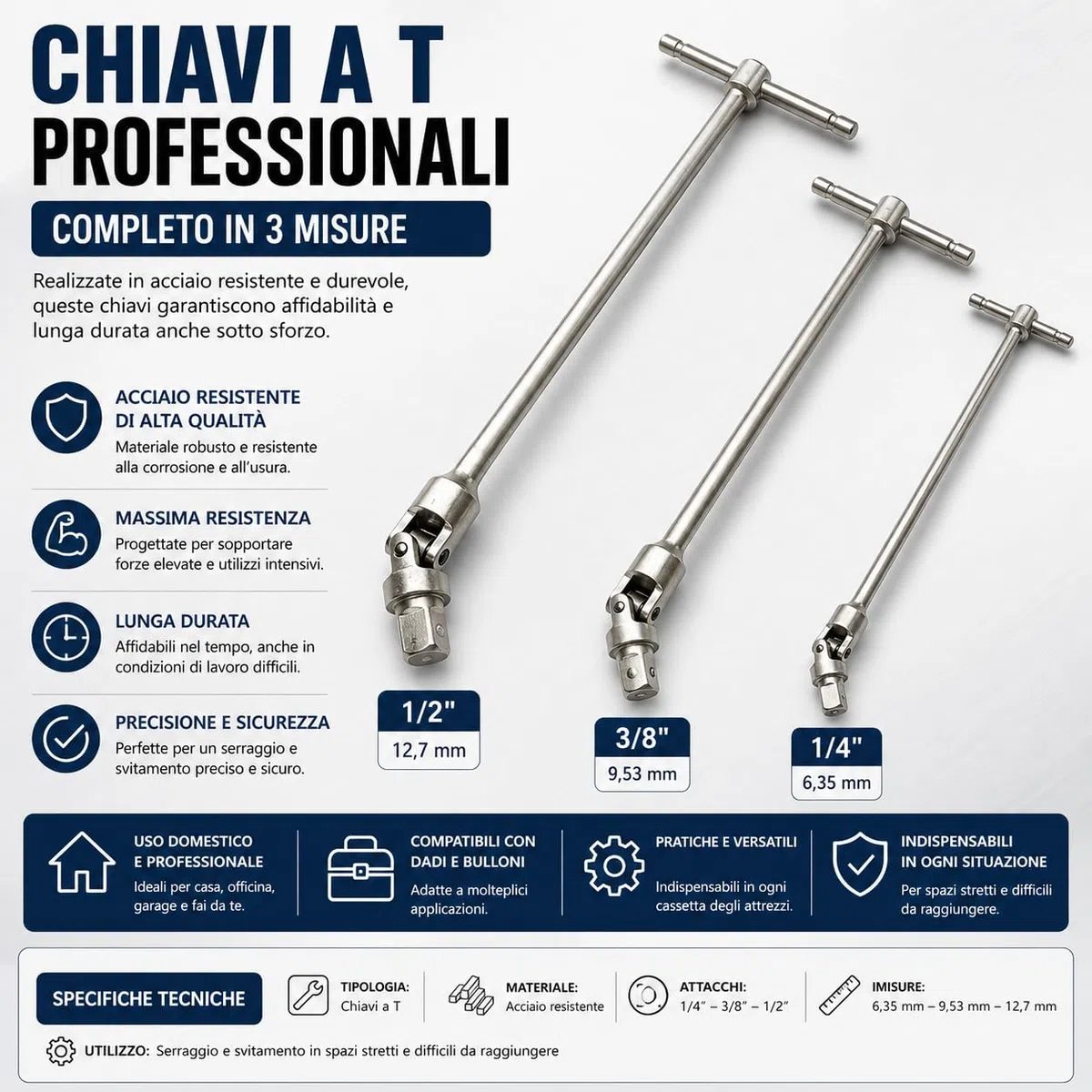 topolenashop Set 3 Chiavi a T Snodabili 1/2" 1/4" 3/8" | Chiavi a T Lunghe 43cm in Acciaio | Manico Scorrevole Attacco Quadro per Officina, Garage, Fai da Te