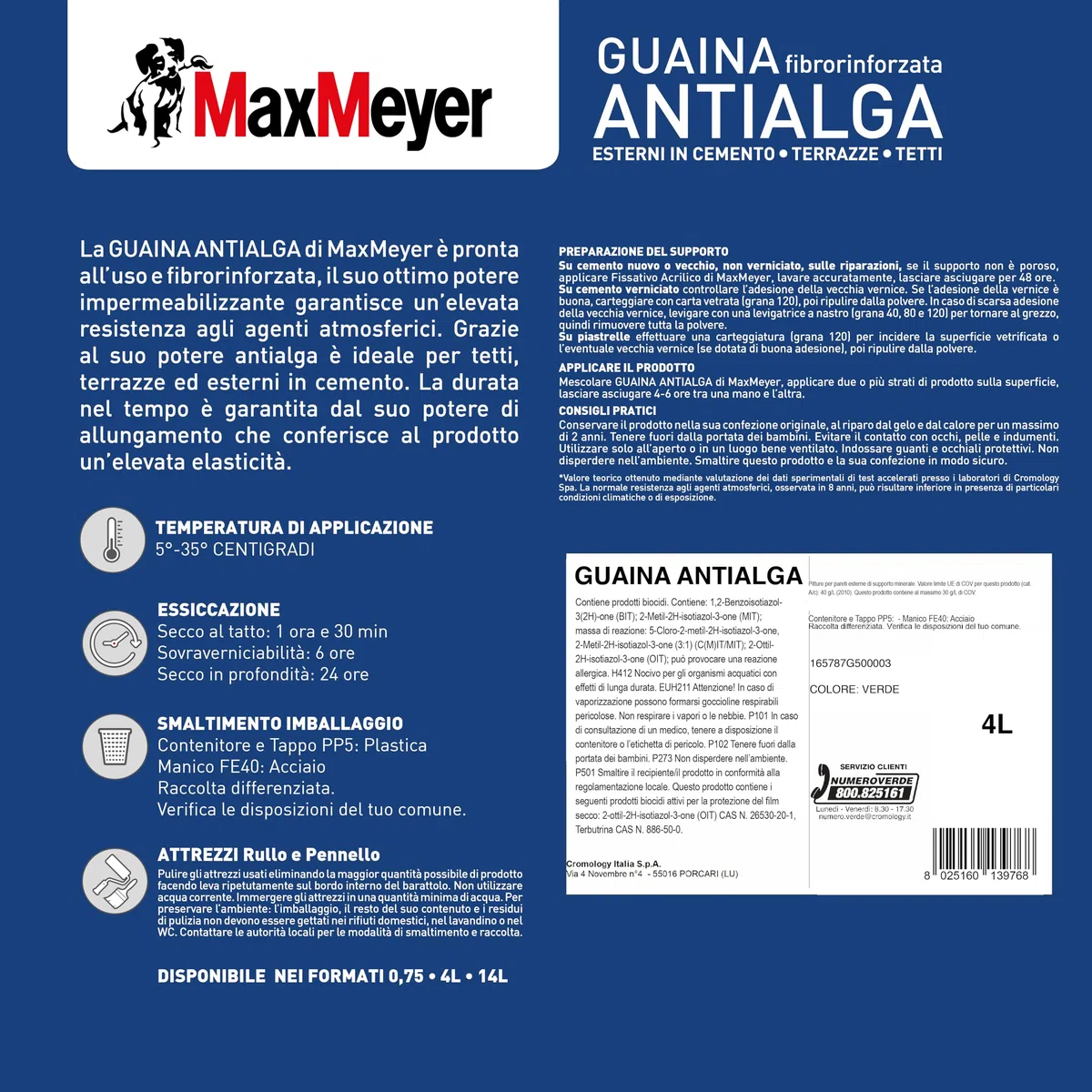 MAXMEYER Guaina Antialga Plus, Impermeabilizzante Liquido Fibrorinforzato per Esterni,Verde, 4 L