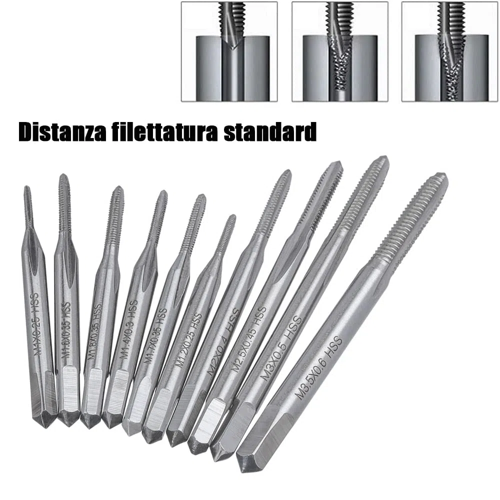 10 Pezzi Maschi per Filettare M1, M1.2, M1.4, M1.6, M1.7, M1.8, M2, M2.5, M3, M3.5, Maschi a Scanalature Diritte per Macchine Utensili ad Alta Velocità in Acciaio Metrico