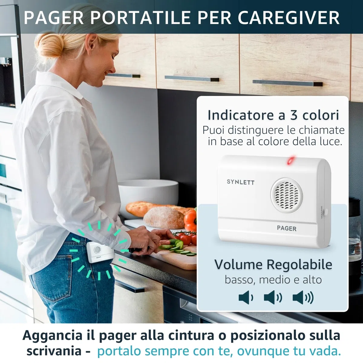 Cercapersone con 1 Sensore di Movimento e 1 Pager Portatile Sistema di Allarme da Letto per Anziani Prevenzione Cadute Teleassistenza Casa RSA Ospedali