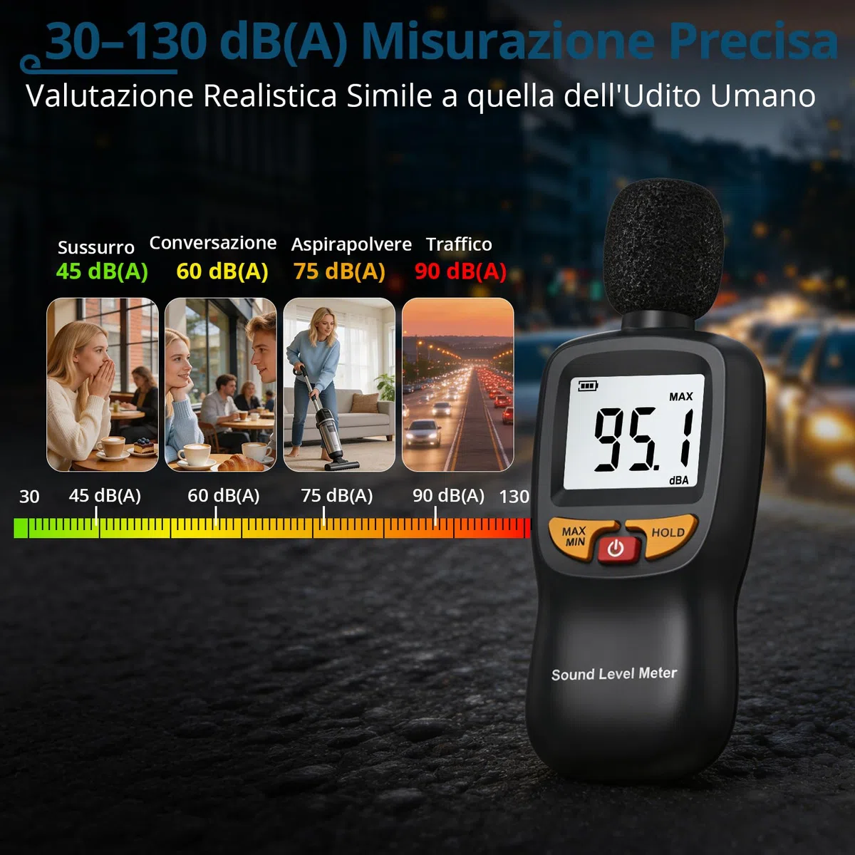 Fonometro Digitale Portatile 30-130dB (A) con LCD Retroilluminato | Misuratore di Livello Sonoro Ponderato A con Precisione ±1,5dB , Funzione MAX/MIN e Data Hold per Ufficio, Fabbrica, Cantieri