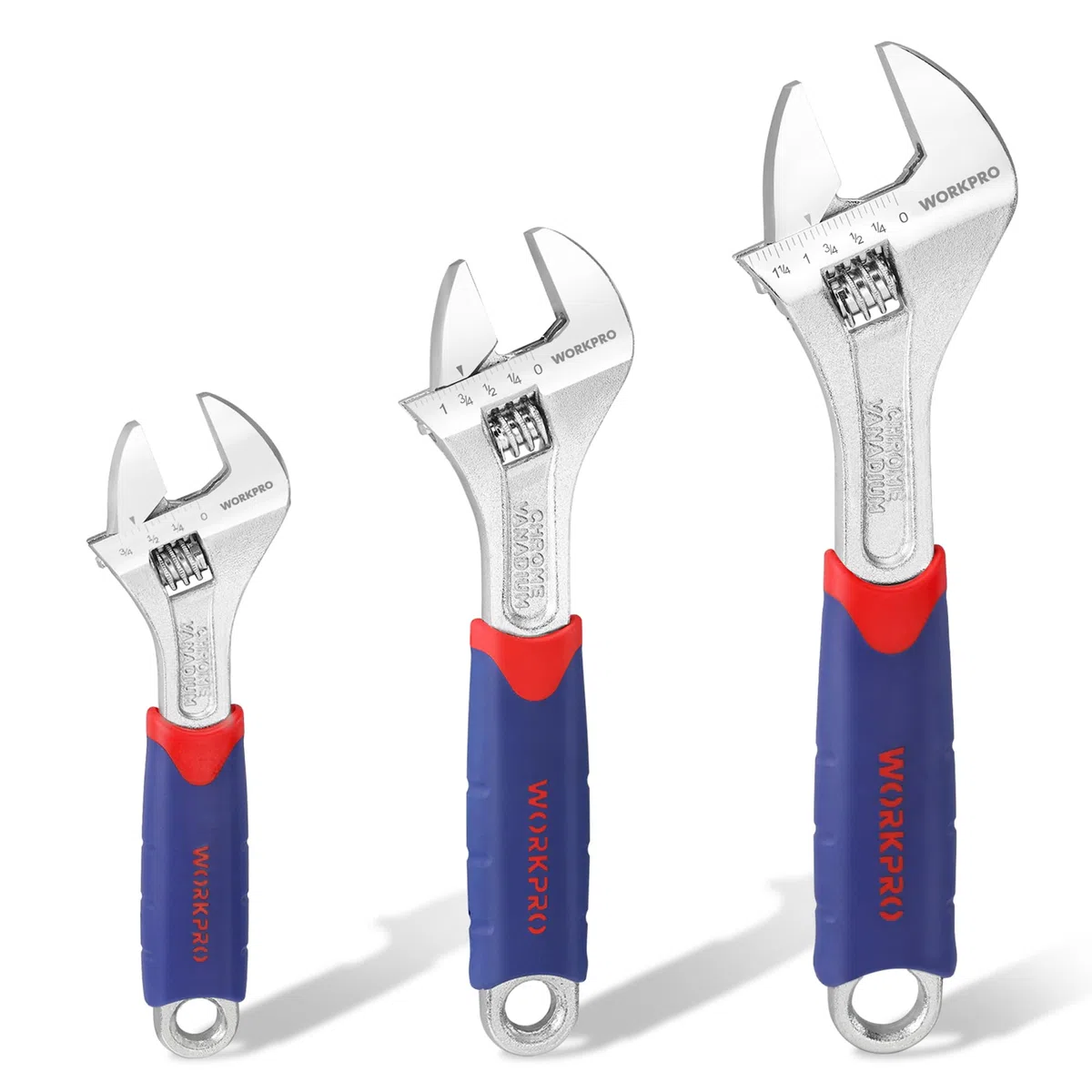 WORKPRO Set di Chiavi Regolabili 3 Pezzi, Chiave a Rullino 150, 200, 250mm, Chiave Inglese Regolabile a Bocca Larga 19, 24, 28mm, con Impugnatura in Gomma