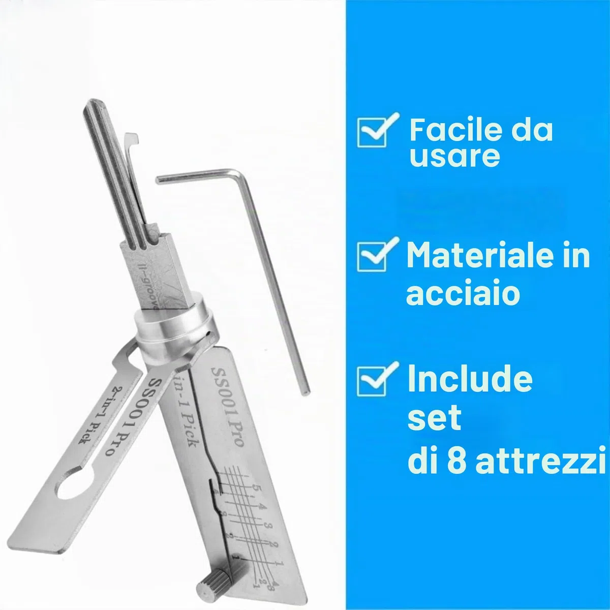 SS001 Pro Lock Pick Tool,2 in 1 Kit di picking serratura & Master Key Decoder,grimaldelli in acciaio inox per principianti,Serrature pratiche per serratura serratura,Set di grimaldelli per serrature