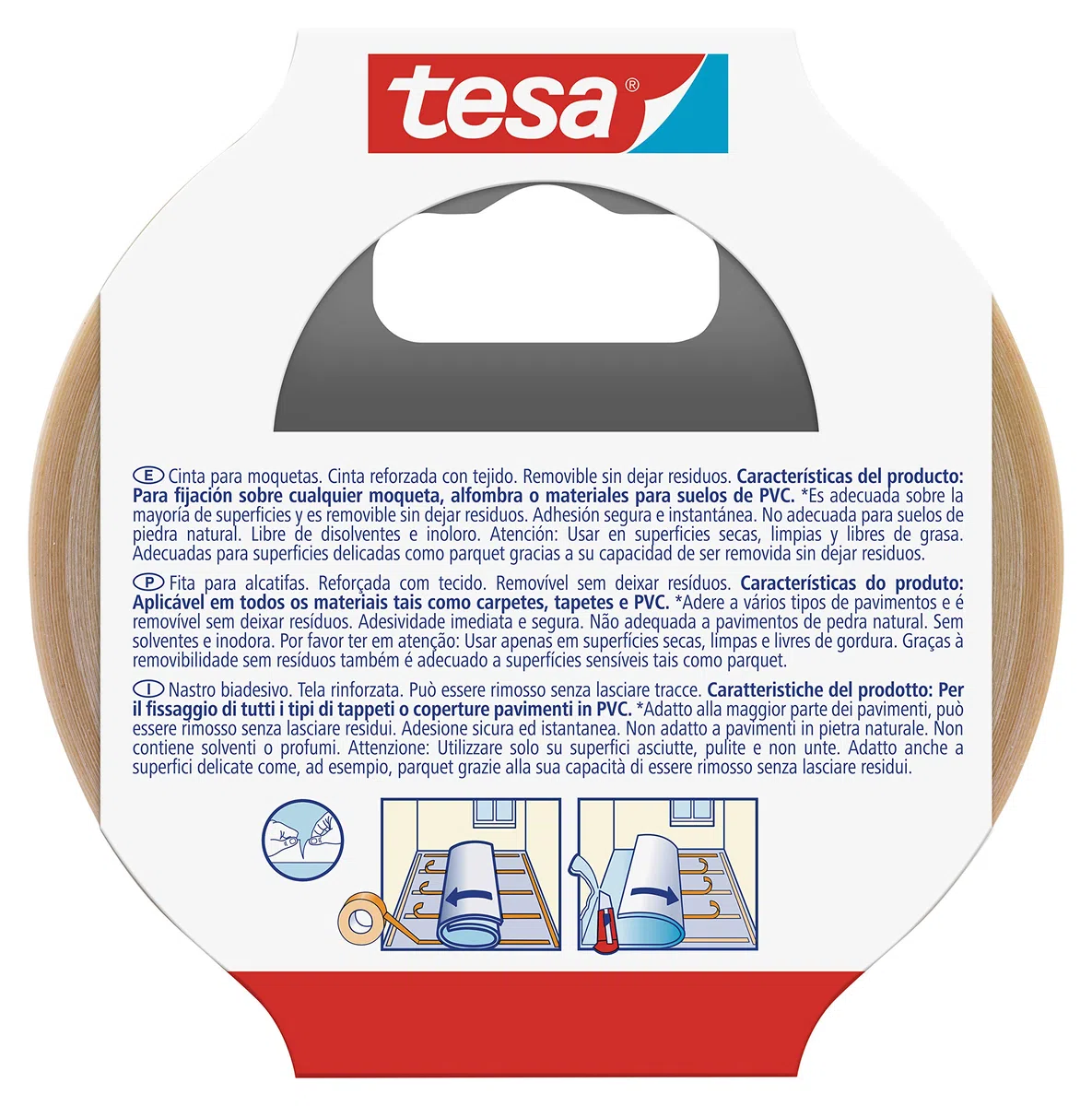 Tesa Biadesivo per Pavimenti Rimozione senza Residui - Nastro Biadesivo per Moquette, Pavimenti in Pvc - Nastro per Fissaggio Rinforzato in Tessuto, 10 m x 50 mm