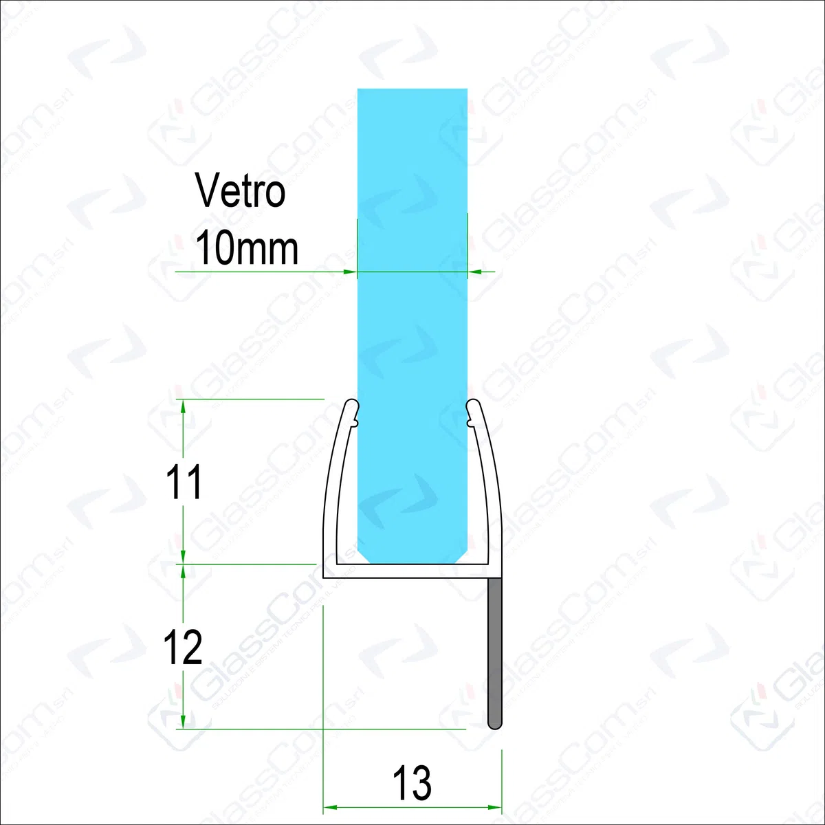 220cm - Guarnizione trasparente per vetro 10mm con aletta rigida da 12mm. Adatta per vetrate a pacchetto panoramiche tutto vetro, box doccia e porte con vetro a giorno-GBR10