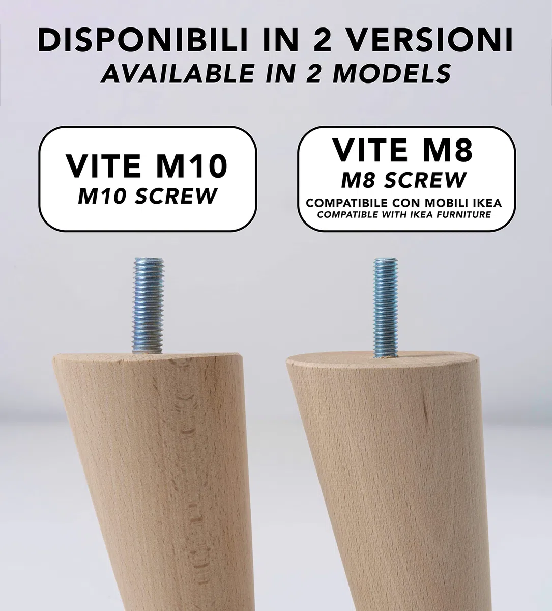 IPEA Piedini per Mobili e Divani alti 12 cm in Legno [Compatibili con Mobili IKEA] – Made in Italy – Inclinati con Forma a Cono – Vite M8 – Set di 4 Gambe per Armadi, Poltrone, Letto – Colore Chiaro