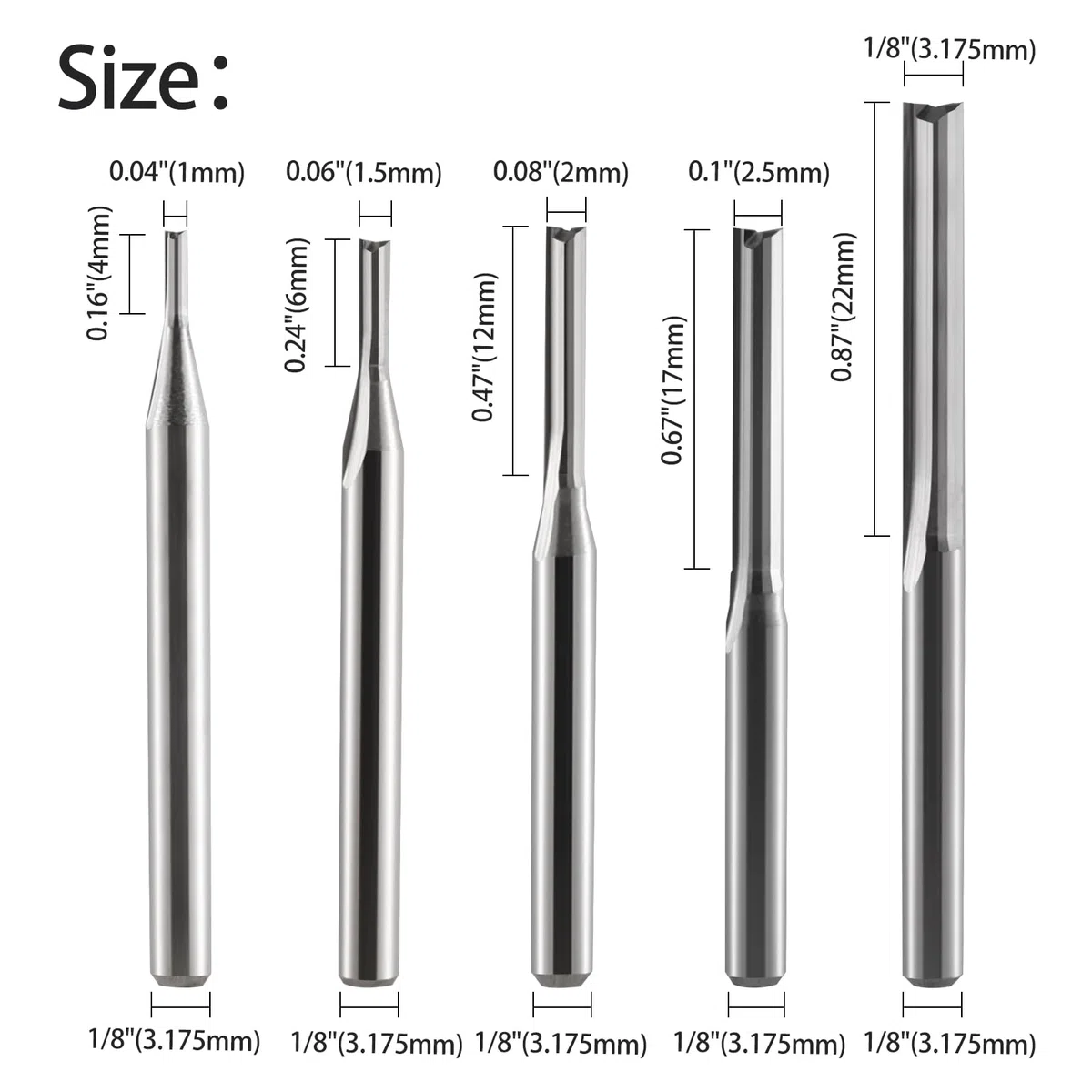 1/8 Pollice Shank 2 Flauti Dritto Slot Router Bits Set Diametro Bordo di Taglio (1mm 1.5mm 2.0mm 2.5mm 3.175mm Ciascuno 2 pz) Fresa per MDF PVC Acrilico Chipboard Legno
