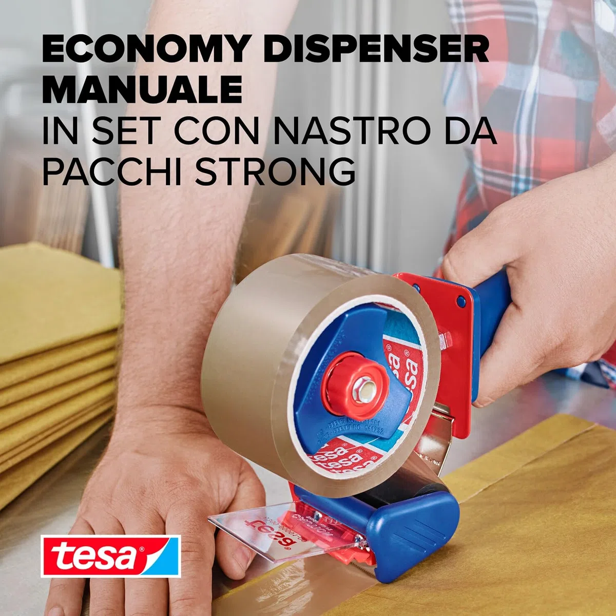 Tesa Confezione Strong e dispenser manuale in set con 1 rotolo di nastro adesivo silenzioso per pacchetti, marrone, 66 m x 50 mm