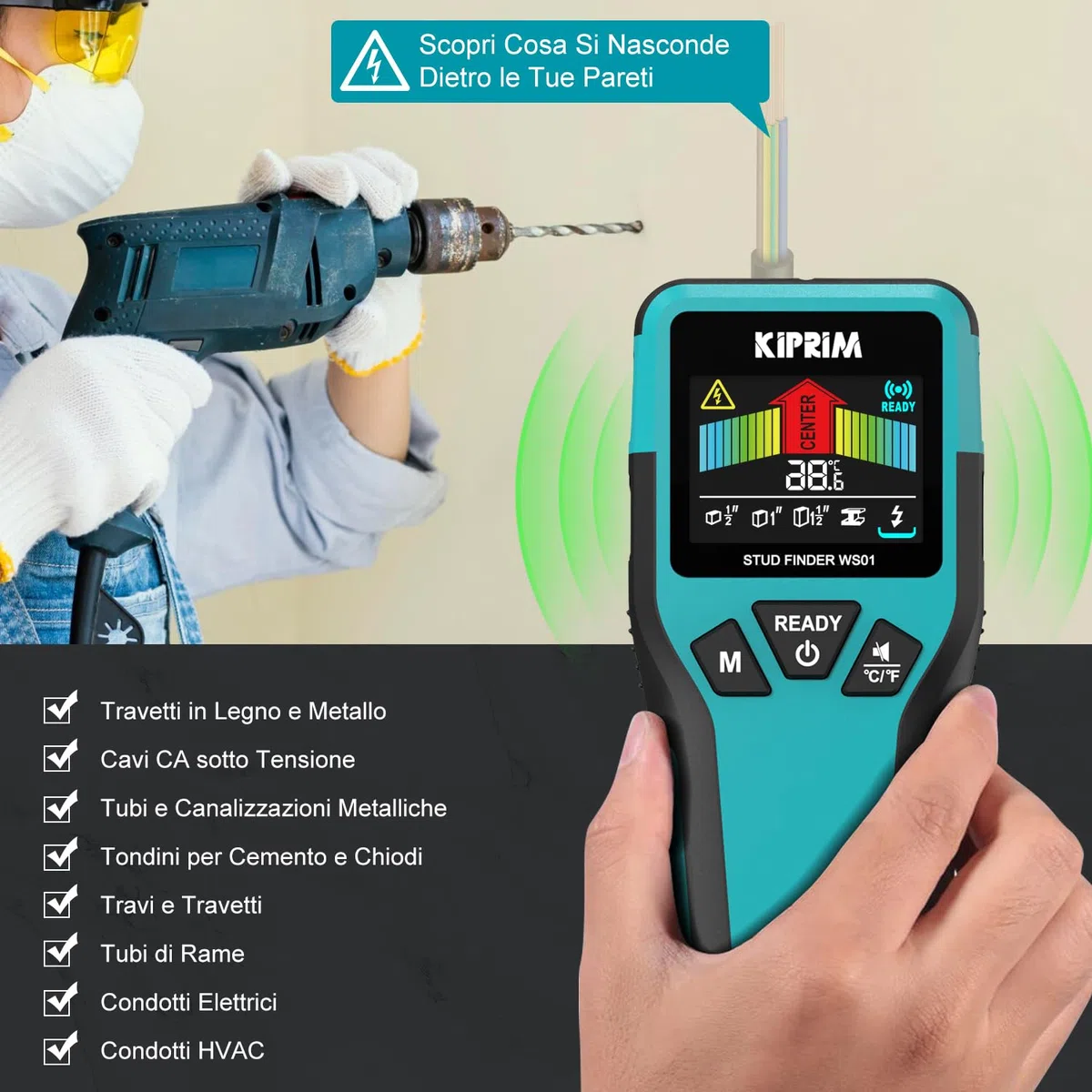KIPRIM Stud Finder, 5 in 1 Rilevatore di Metalli e Travi, Profondità Metalli 45mm/AC Cavi 70mm, Rileva Legno (13/25/38mm), Schermo LCD, IP54 WS01