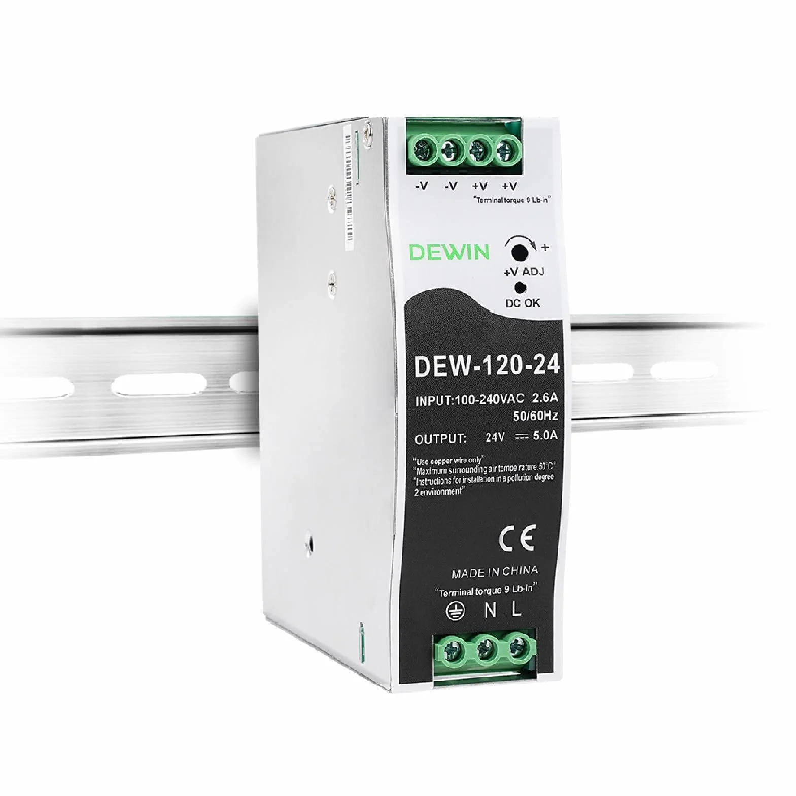 DEWIN Alimentatore 24V 5A din 120W Alimentatore per guida din Trasformatore per guida,Ingresso AC 100-220V 2,6A Uscita DC 24V 5A (Con Manuale in Italiano)