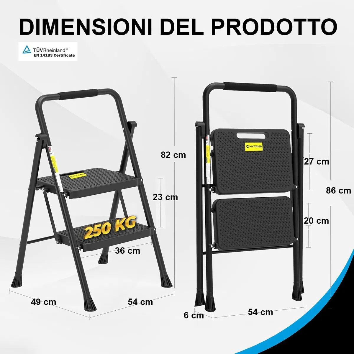 HYTAMA Scala Sgabello Pieghevole con Ampio Pedale Antiscivolo, Scala in Acciaio Robusta, Impugnatura Comoda, Leggera, Sgabello Portatile in Acciaio,Certificata EN14183 (NERO, 2 Gradini)