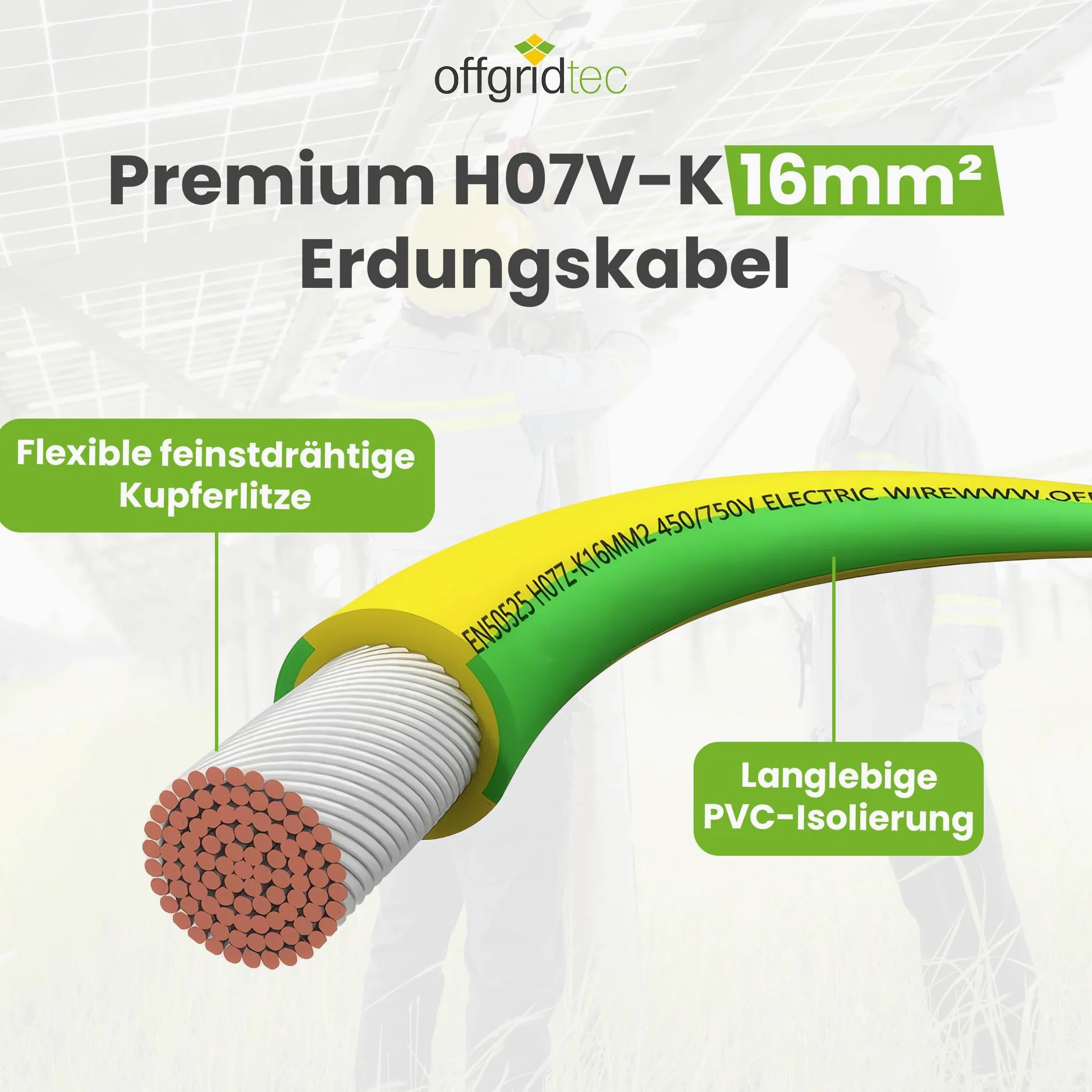 Offgridtec H07V-K cavo di messa a terra 16 mm² 450/750V, rame a fili sottili, isolamento XLPO e PVC ritardante di fiamma, certificato HAR, posa fissa, alta flessibilità (verde/giallo, 30 m)