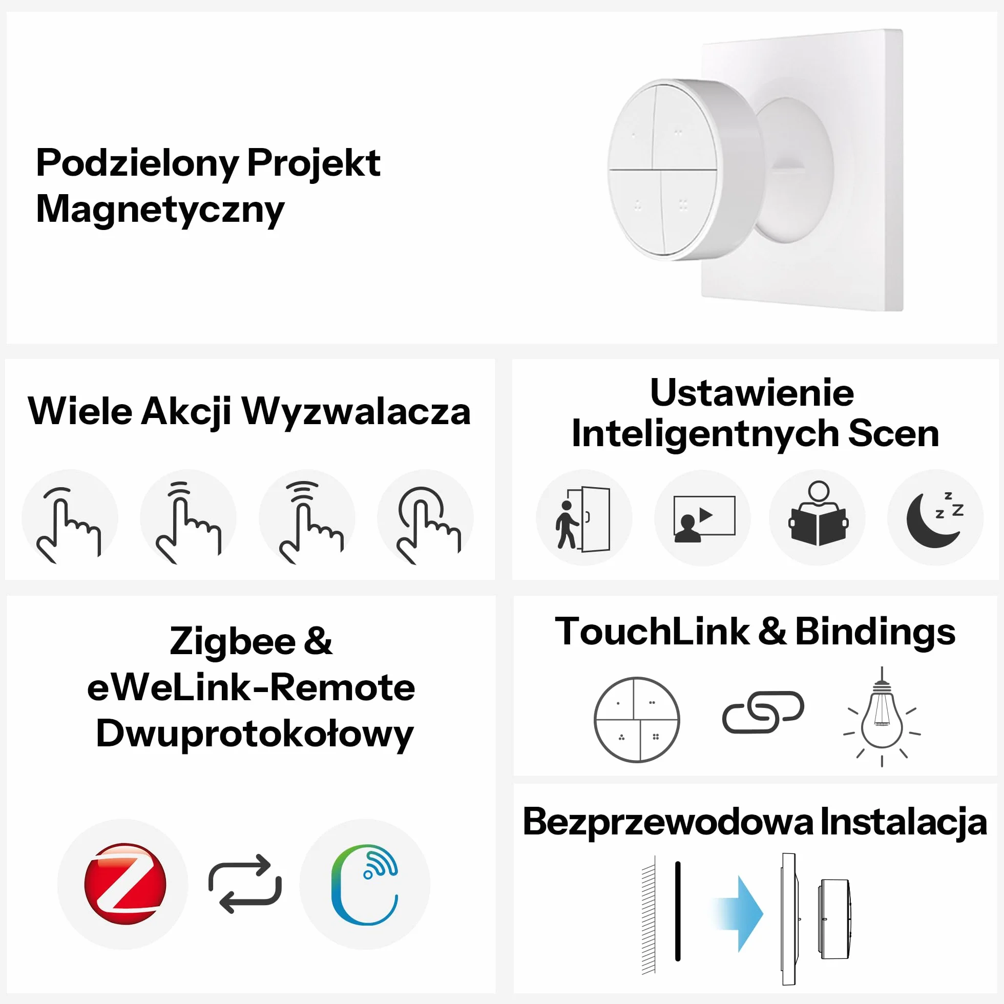 SONOFF Pulsante Intelligente SNZB-01M Wireless ZigBee 4 in 1 Bianco | 16 azioni, Zigbee Binding & TouchLink controllo della luce, compatibile con Home Assistant, SmartThings, Hub richiesto