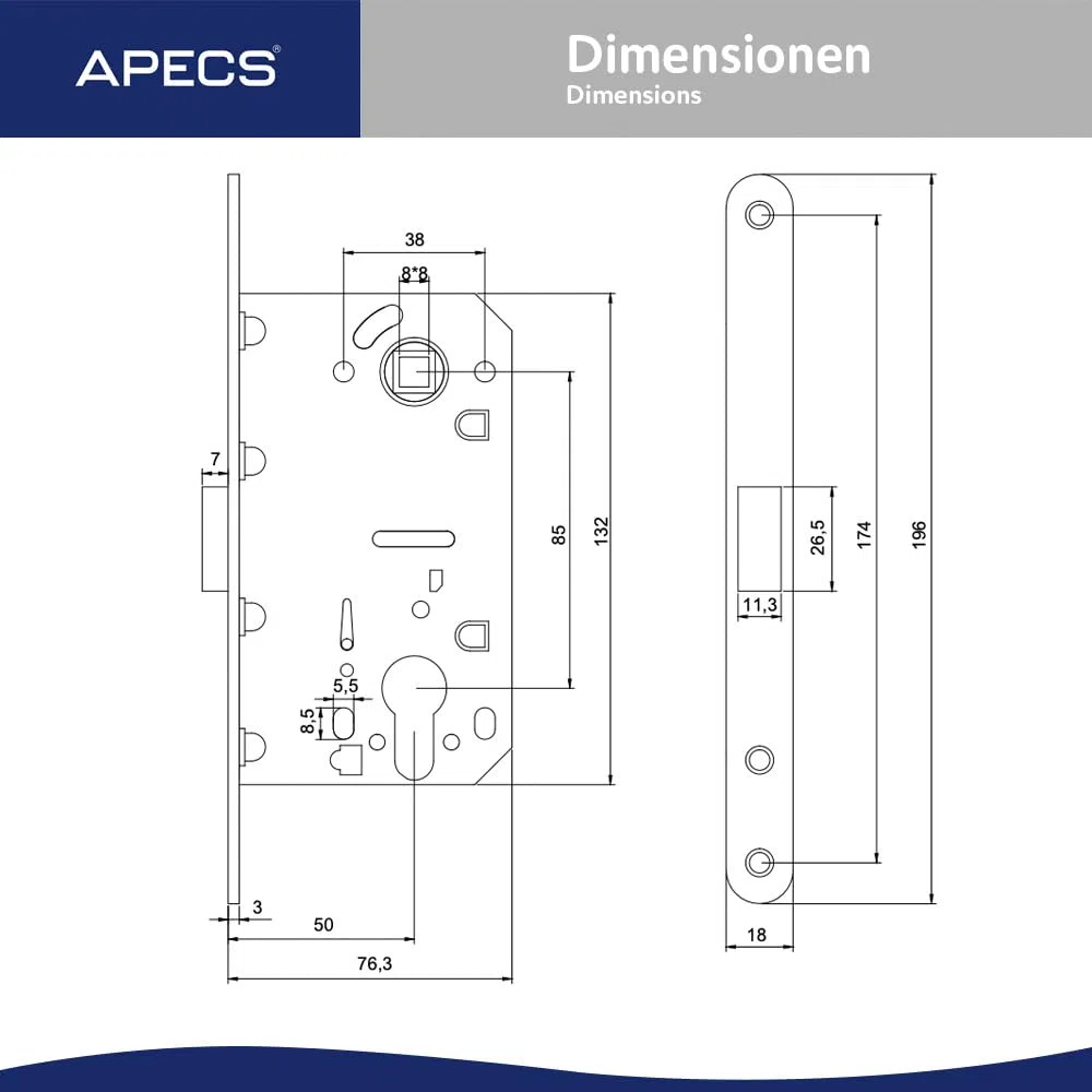 APECS Serratura magnetica ad incasso, moderna, silenziosa, con gancio per porte interne di casa e ufficio, modelli APECS 5300-MC-PZ (con cilindro profilato)