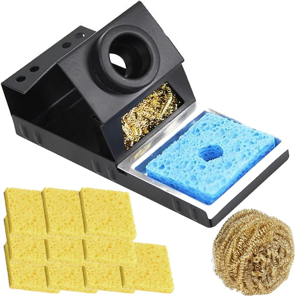 Supporto per saldatore, Stabile supporto portatile per saldatore con lana d'ottone, spugna per la pulizia, slot per punte di saldatura, non necessita di acqua