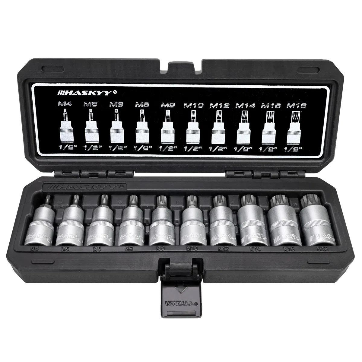 Set di chiavi a bussola XZN multi-dente con bit 1/2", 10 pezzi, M4, M5, M6, M8, M9, M10, M12, M14, M16, M18
