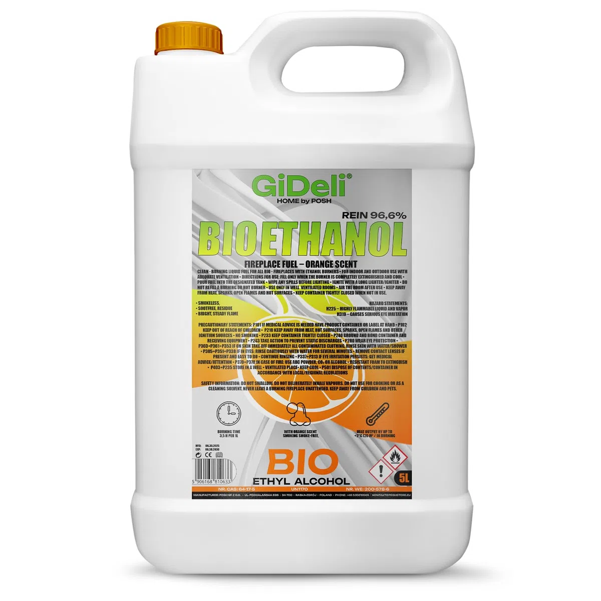 GiDeli bioetanolo 5l profumo di arancia 96,6% etanolo per caminetti interni ed esterni senza fumo e fuliggine - Da mais e barbabietole da zucchero