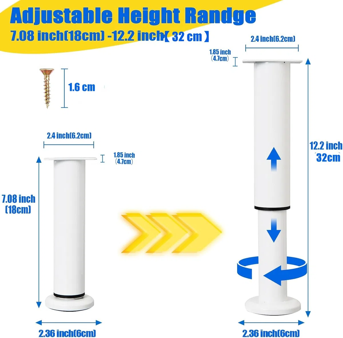 4 Gambe da Tavolo inMetallo,Gamba daTavolo Regolabile, Gamba da Tavolo Regolabile,Gambe per Mobili, kit include Cacciavite e viti (Bianco, 18-32 cm)