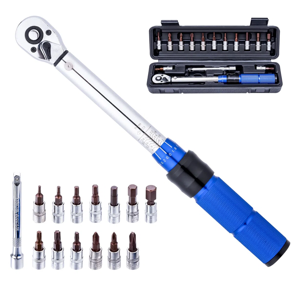 KATSU Chiave dinamometrica scatto 1/4" Set 15pezzi 2-24Nm Chiave dinamometrica per bici 72denti con punte a bussola esagonali e Torx e barra prolunga per riparazione biciclette strada e montagna