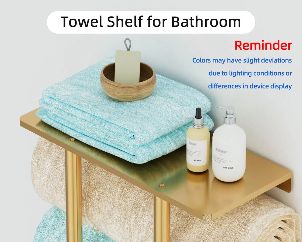 Mensola Porta Asciugamani Bagno da Parete 50 cm BETHOM Oro Porta Salviette Bagno con Ripiano Acciaio Inossidabile Organizer Portaasciugamano per Asciugamani 3 Arrotolati