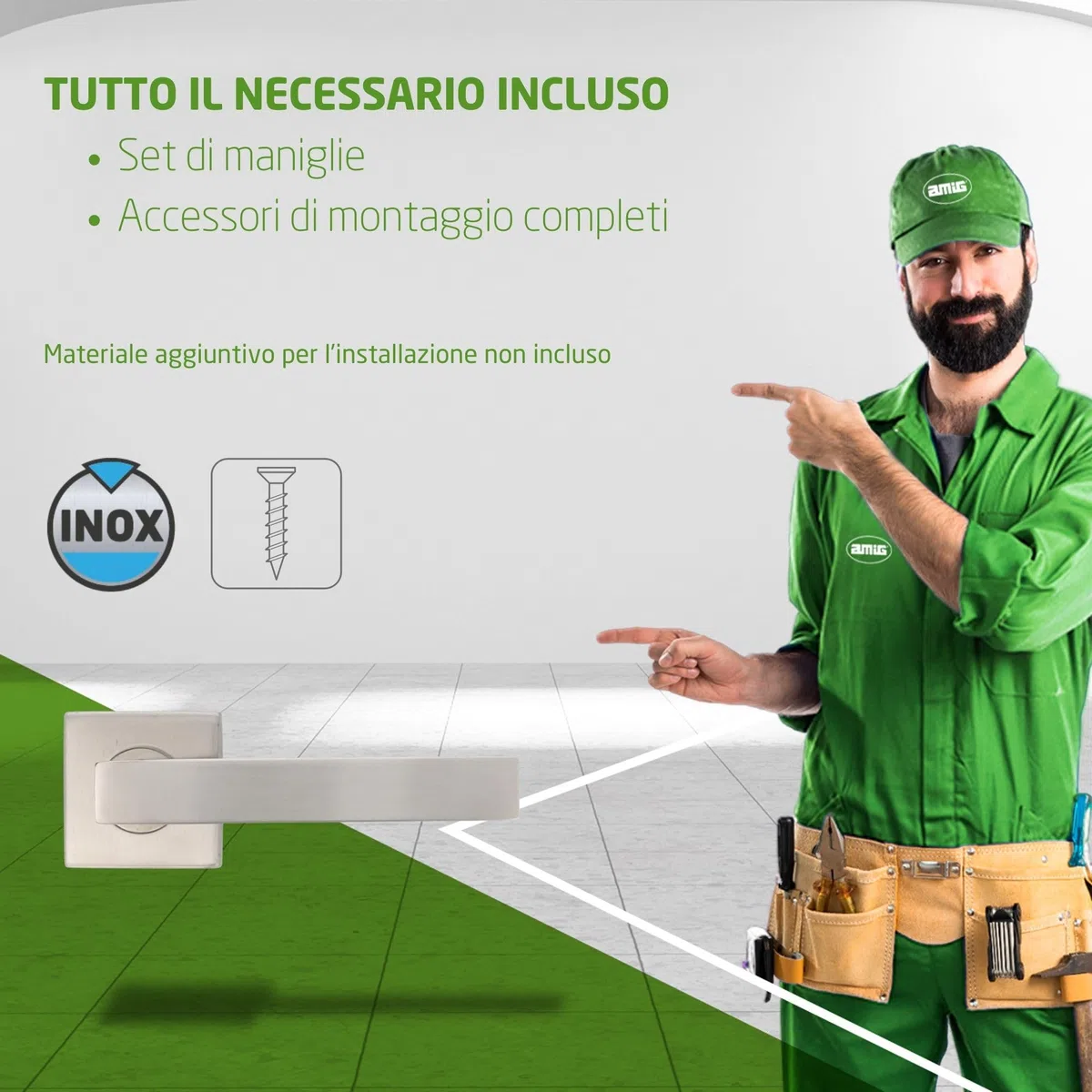 Amig - Set di Maniglie con Rosetta Interna per Porte | Mod. SUKI | 54 x 54 mm | Quadretto da 8 mm | Design Elegante e Semplice | Acciaio Inossidabile | Argentato Opaco