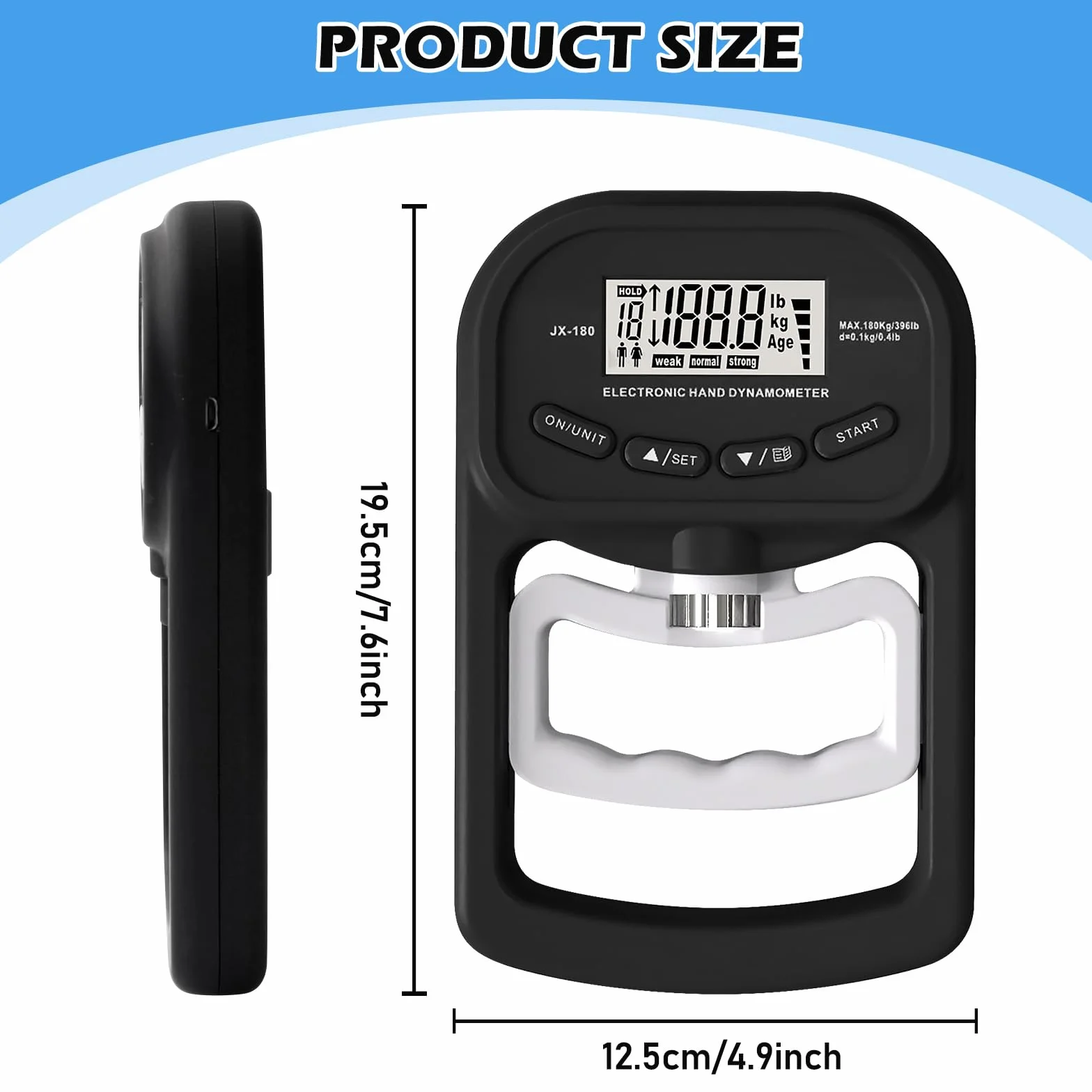 Vegena Misuratore di forza manuale digitale, manometro da 198 libbre/90 kg, dinamometro automatico manuale, display a LED e cavo di ricarica USB, design ergonomico (nero)