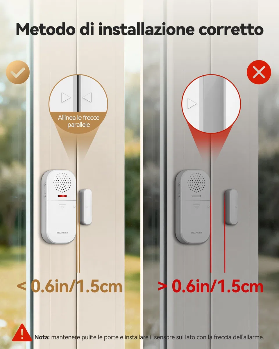 TECKNET Allarme Casa Senza Fili, Antifurto Casa con Telecomando, Allarme Porta Ingresso 4 Modalità 5 Livelli Volume Regolabili, 2-in-1 Allarme e Campanello per Residenza, Negozio, Hotel (2PCS)