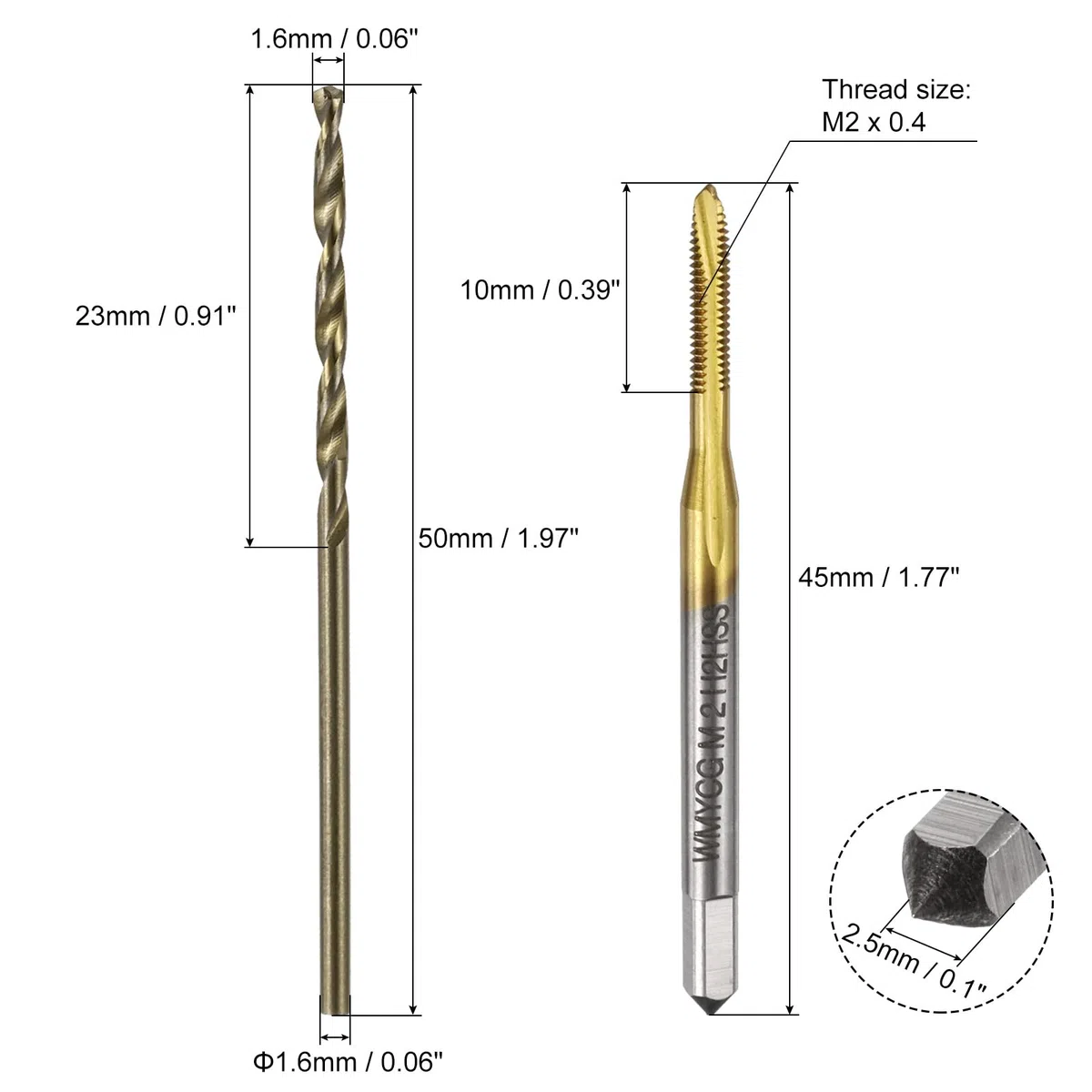 QUARKZMAN Set Maschi e Punte Trapano Metriche, 3pz M2 x 0.4 Maschi a Punta Elicoidale Rivestito Titanio e 3pz 1,6mm Punte Trapano Elicoidali Giallo Arrosto, Filettatura Maschiatura Viti