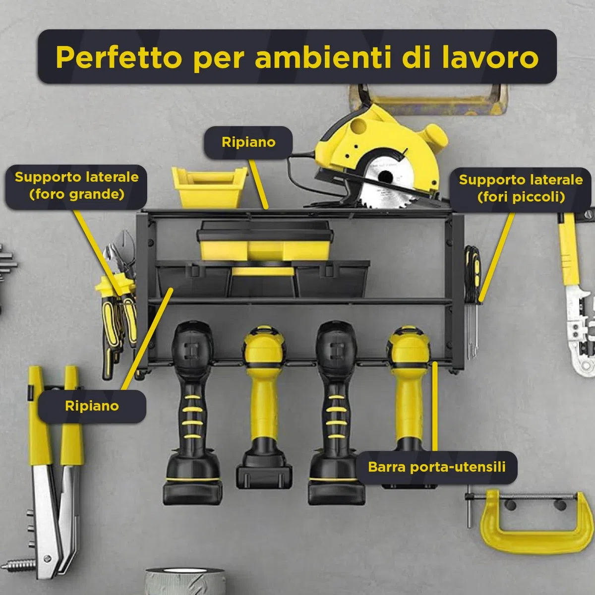 Avilia Porta Attrezzi da Parete in Acciaio - Pannello Portautensili con 4 Scomparti e Ripiani a Griglia - Organizer Salvaspazio per Trapani, Cacciaviti e Minuteria - per Garage e Officina