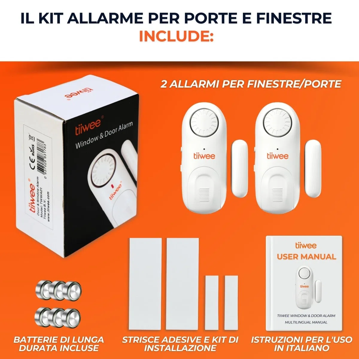 tiiwee Allarme per Porte e Finestre – Allarme Porta Ingresso – Allarme Garage – Sensori Allarme Porte e Finestre – Batterie Incluse – Set di 2