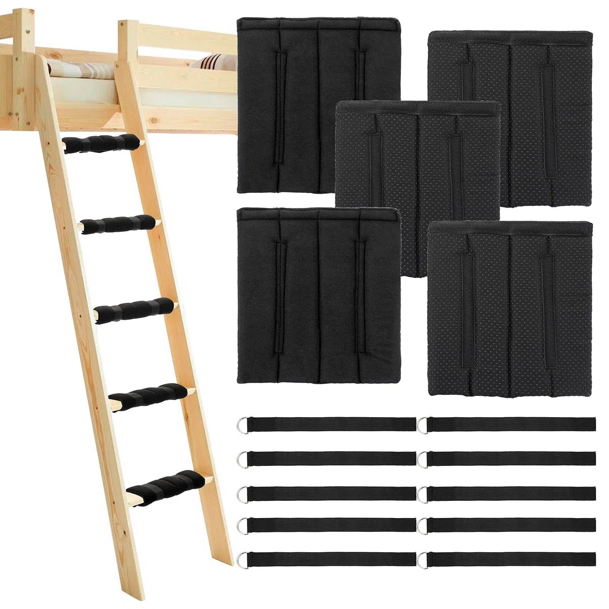 BTSKY Aste per letti a castello con 10 chiusure in velcro regolabili - imbottitura in schiuma antiscivolo nera per scala, scala da arrampicata, scala per letti, scala telescopica, 5 pezzi