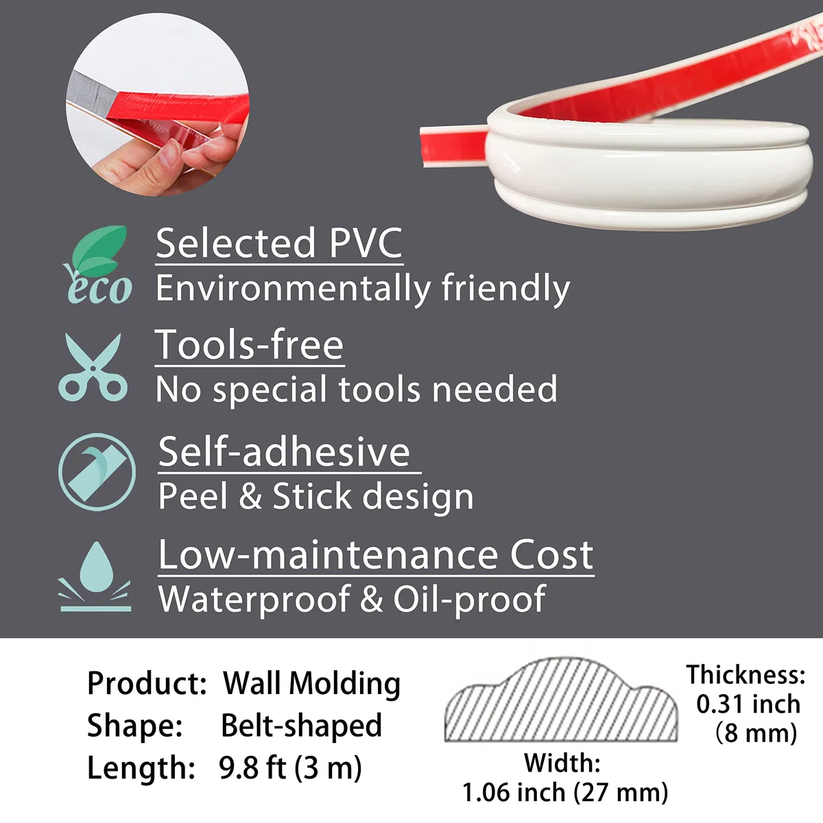 Gaahing Peel e Stick Wall Molding Trim & Chair Rail, stampaggio del pannello autoadesivo, arredamento casa fai da te sul telaio specchio della porta del gabinetto, 3m x 2,7 cm