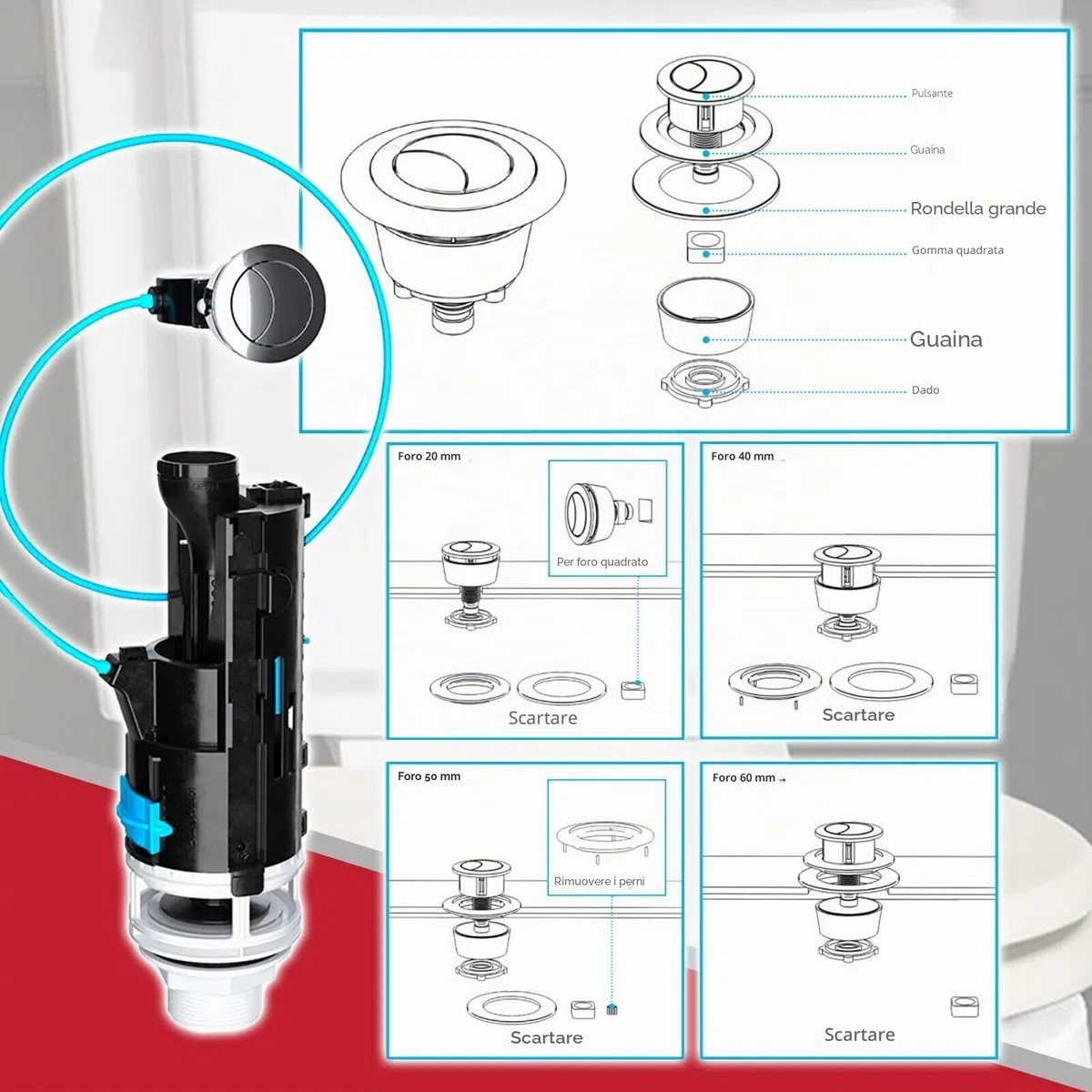 SPARES2GO Kit Valvola Universale Per WC a Doppio Scarico da 1,5" e 2" con Pulsante Per Cassetta WC (cavo da 570 mm)