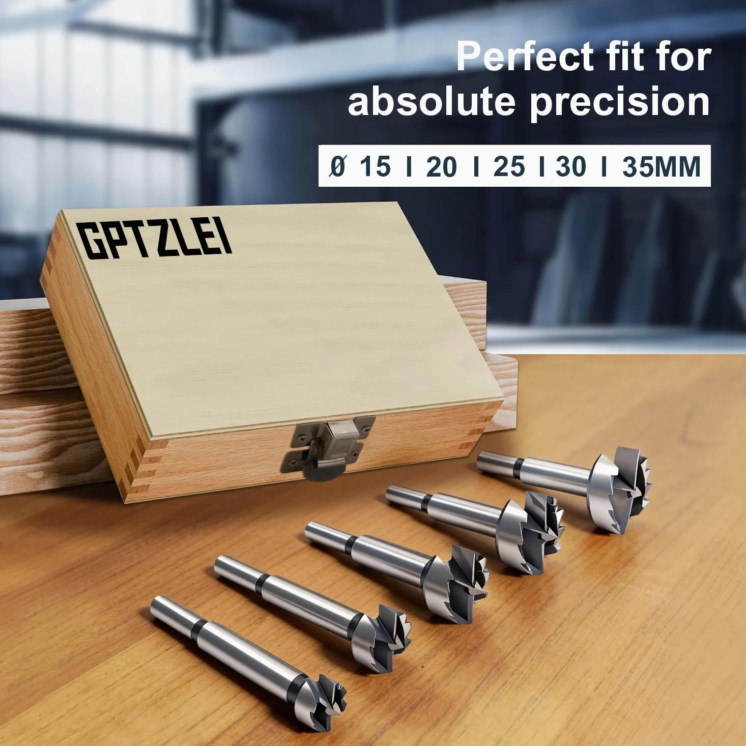 Set Punte Forstner per Legno 5 Pezzi 15/20/25/30/35 mm con Scatola in Legno – Punta Trapano per Fori Fondo Piatto – Punte per Cerniere Mobili, MDF, Compensato – Utensili Falegnameria DIY