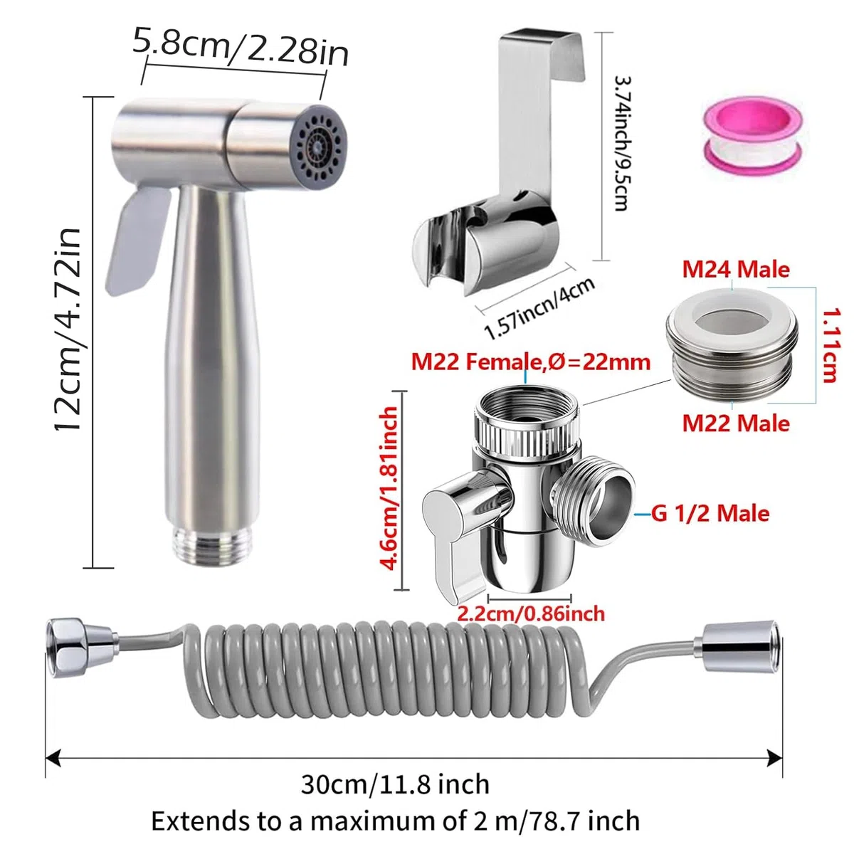 Doccia Bidet Portatile, Bifunzionale Set Doccia Bidet WC In Acciaio Inossidabile, Design a doppio interruttore,Spruzzatore Bidet Con Tubo Retrattile In ABS Da 59 Pollici, Supporto E Deviatore